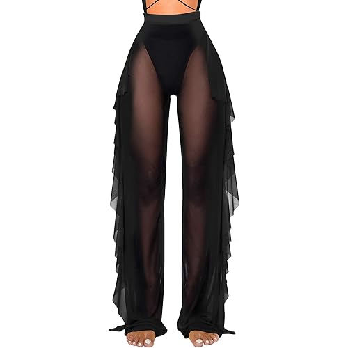 Jumppmile Women's Ruffle Sheer Mesh Swimwear Bikini Cover Up Pants See Through