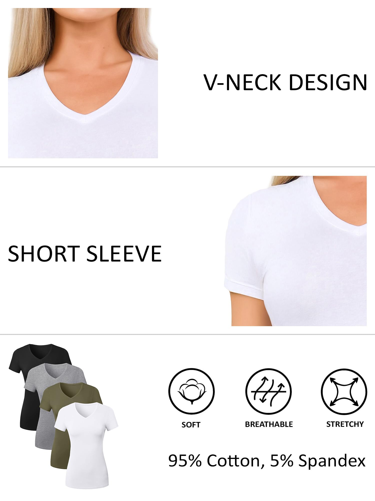 Baumwoll-T-Shirts mit V-Ausschnitt für Damen, kurzärmelig, Basic-T-Shirt, V-Ausschnitt, Damen-Tops, Unterhemd, Multipack