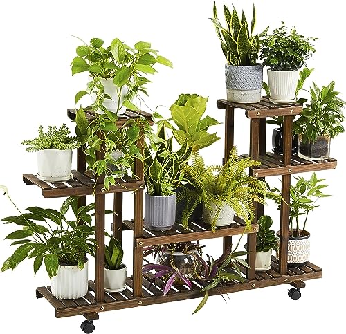 Yaheetech Étagère à Fleurs en Bois Porte Pots de Plante Fleurs avec 6 Tablettes Support à Roulettes pour intérieur et Balcon 124 x 33 x 80 cm