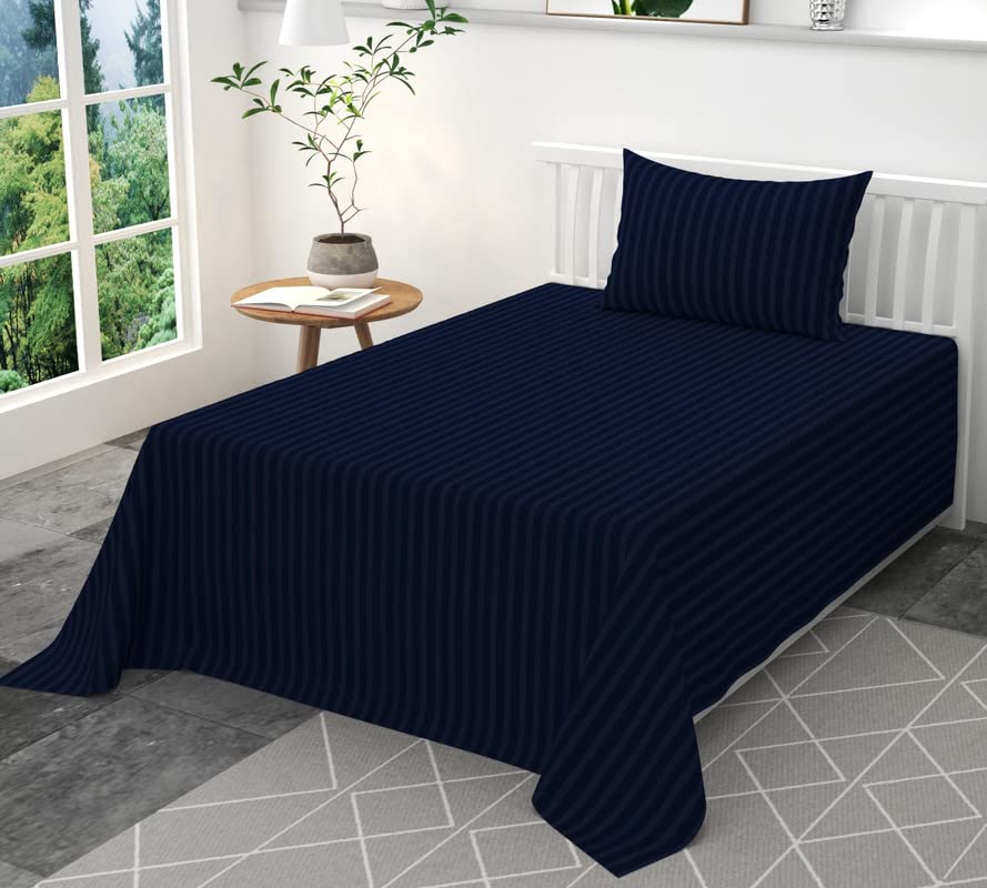 Image of 300 TC Glace Cotton Plain Stripe Queen Size Single Bedsheet with 1 Pillow Cover for Home, Hotel, Guest Room (60 X 90) Inch Navy Blue Pack 1
