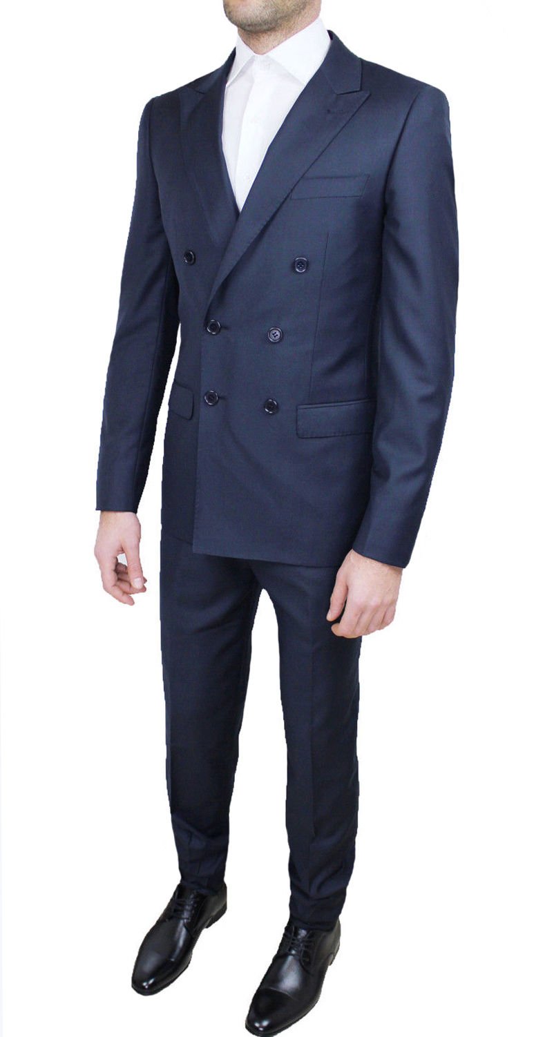 Abito Completo Alta Sartoria Uomo Doppio Petto Blu Scuro Navy Marine Elegante Cerimonia