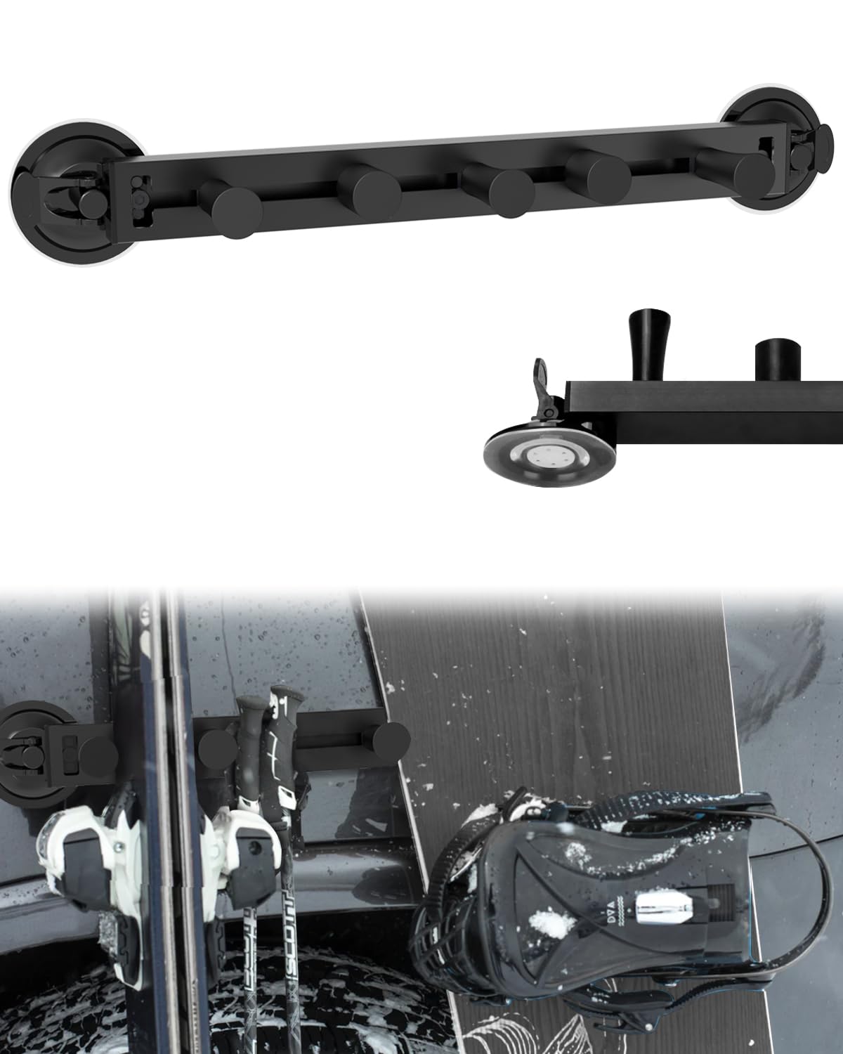 JISHAHSSuction Cup Snowboard Rack for Car – Holder to Prevent Ski and Snowboard from Tipping Over – Protects Vehicle from Scratches – Easy Install Suction Cup Ski Holder (Integrated Adjustable Rack)