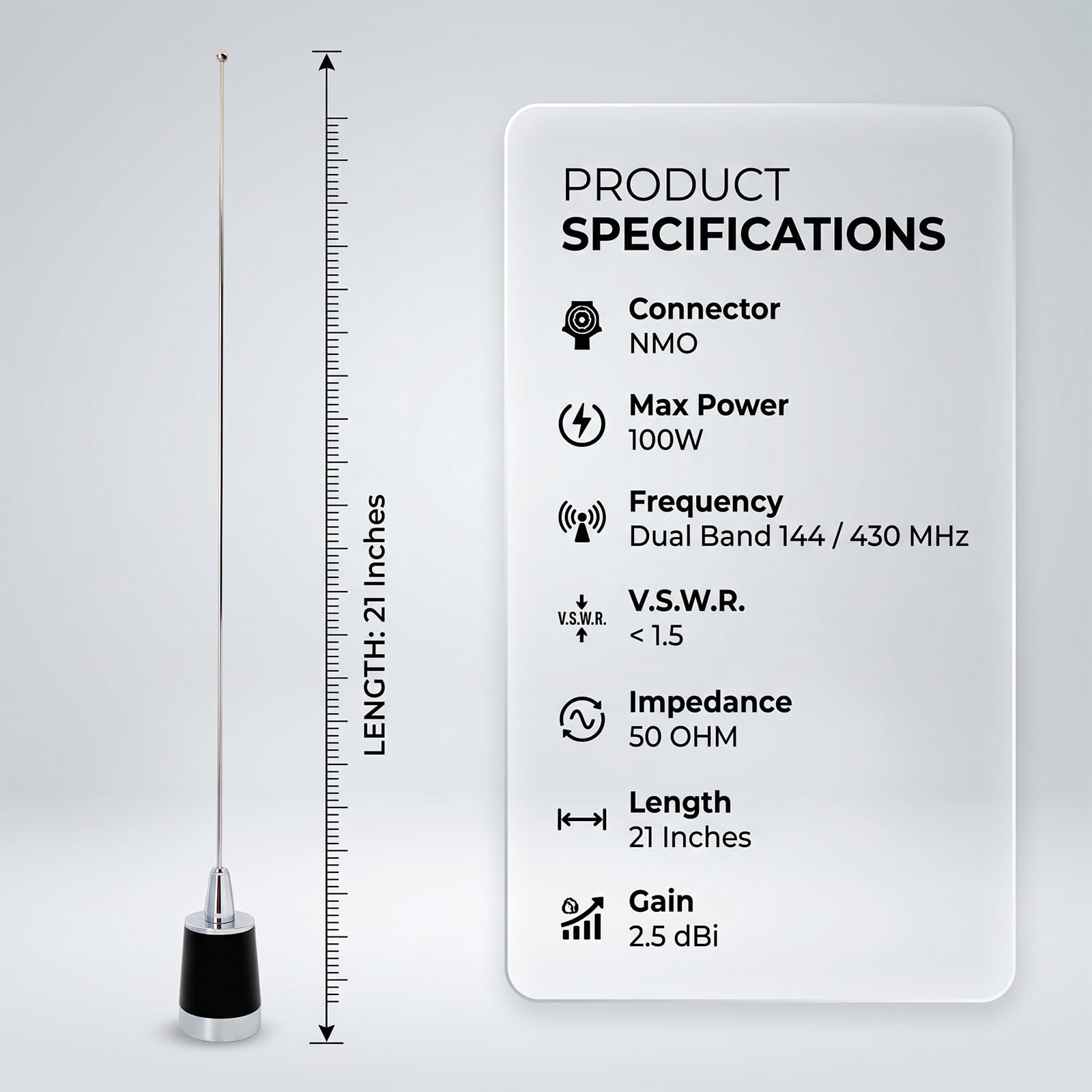 HYS Dual-Brand VHF/UHF Antenna mobile Ham Radio 53,3 cm 144/430 MHz NMO connettore per radio mobile