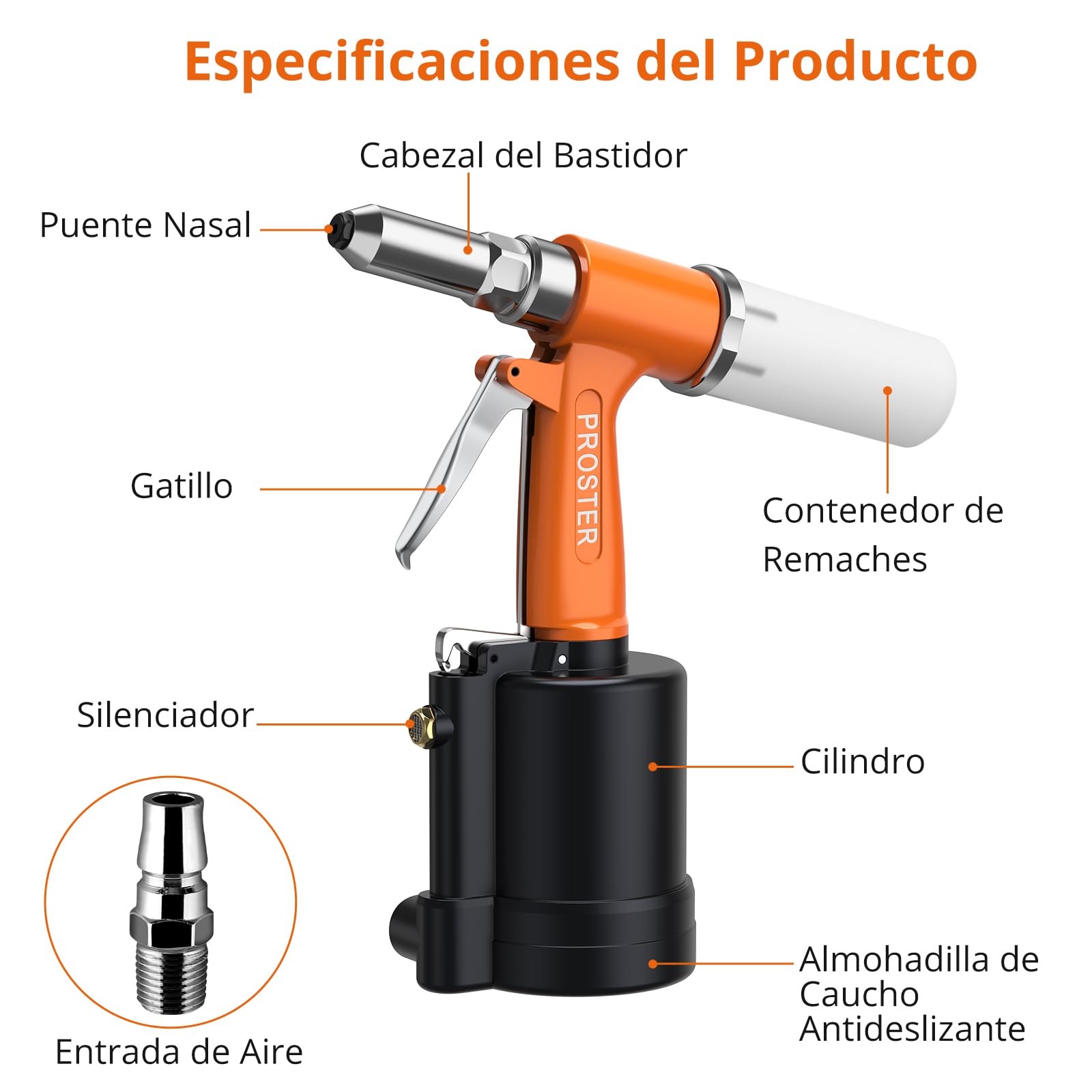 Proster Remachadora Neumatica con 500pcs Remaches Pistola Remachadora de Aire Hidraulica con 4 Boquillas 2.4mm/3.2mm/4.0mm/4.8mm para Remaches de Hierro Aluminio Acero