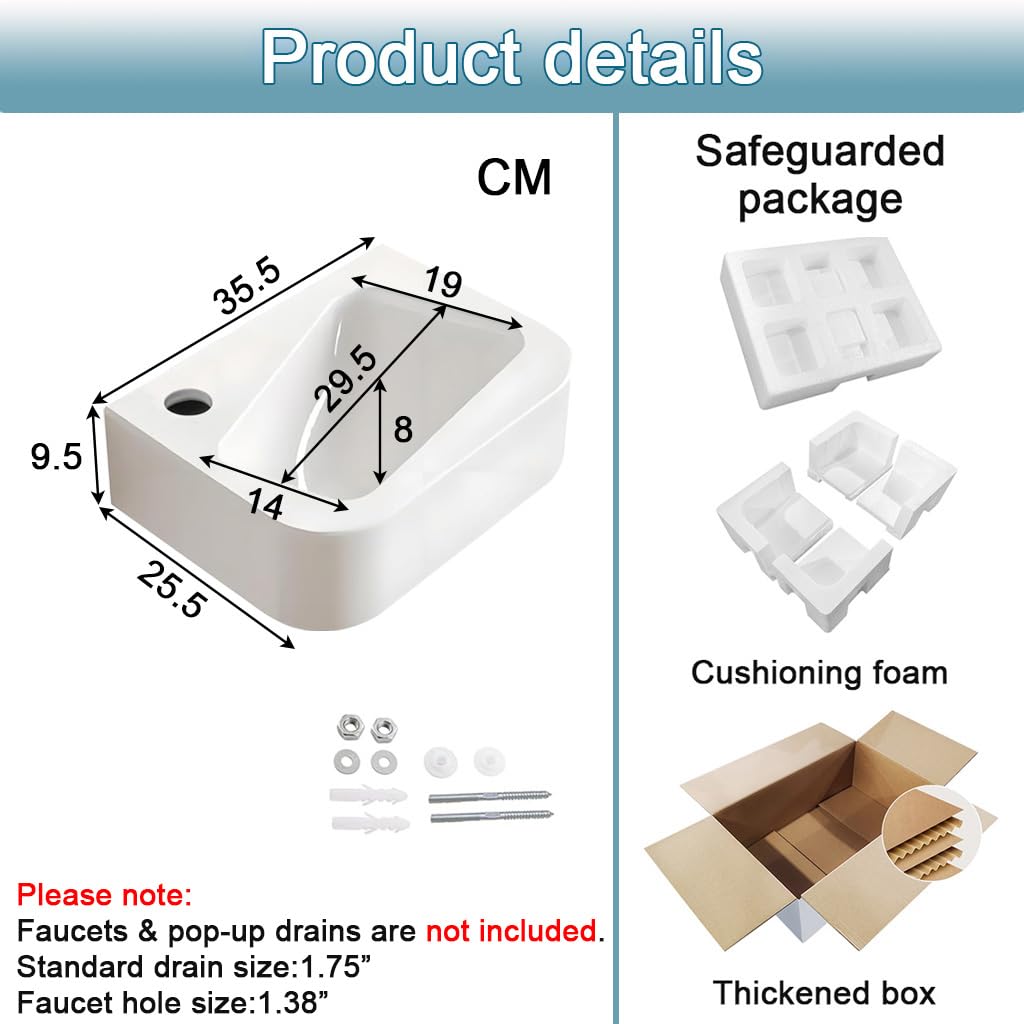 Lavabo de cerámica blanca para baños pequeños, lavabo suspendido rectangular de 35.5×25.5 cm, lavabo encimera moderno colgado a pared con desagüe izquierdo