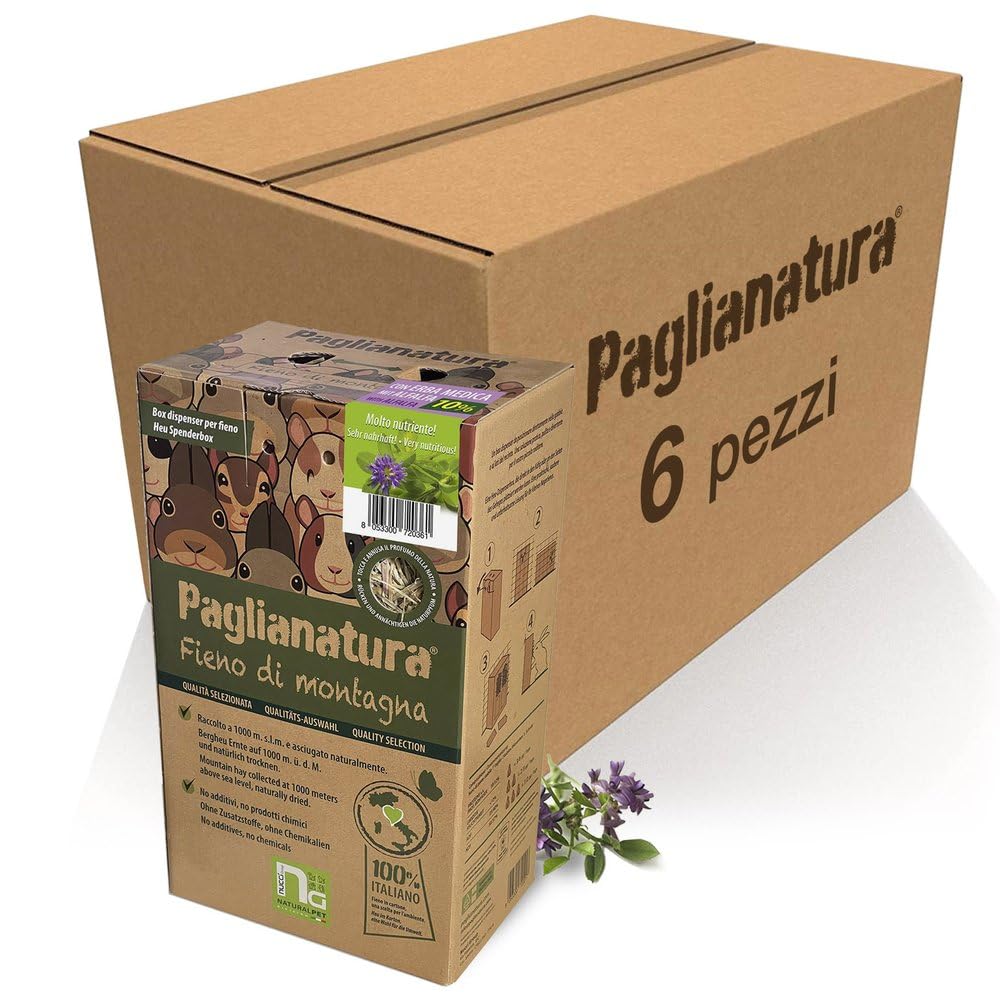 Distributeur de foin naturel de montagne 600 g + alphalfa | Porte-foin pour lapins, rongeurs et petits animaux | Pratique et hygiénique (6 pièces)