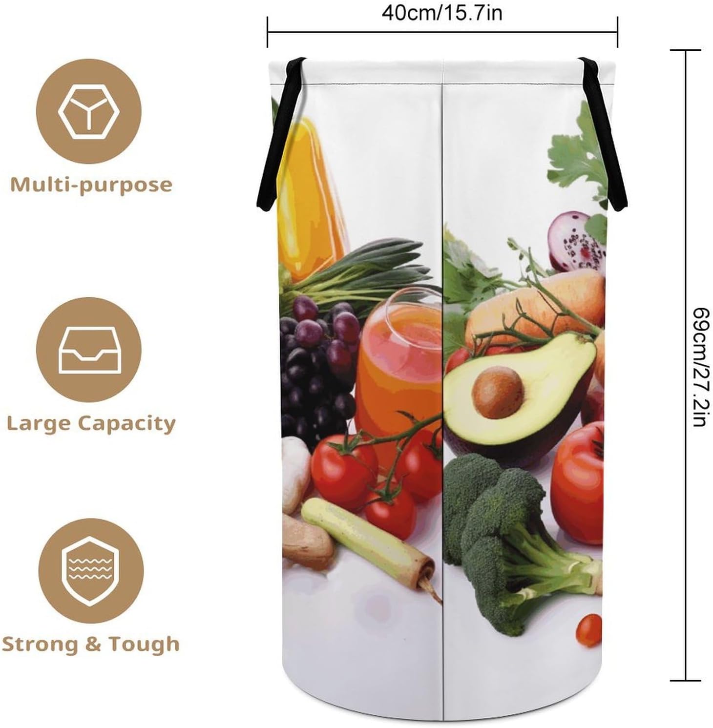 Healthy Food Laundry Hamper with Handles Freestanding Large Laundry Basket Collapsible Clothes Hamper Waterproof Clothes Basket for Family Bathroom Decor Storage 86L