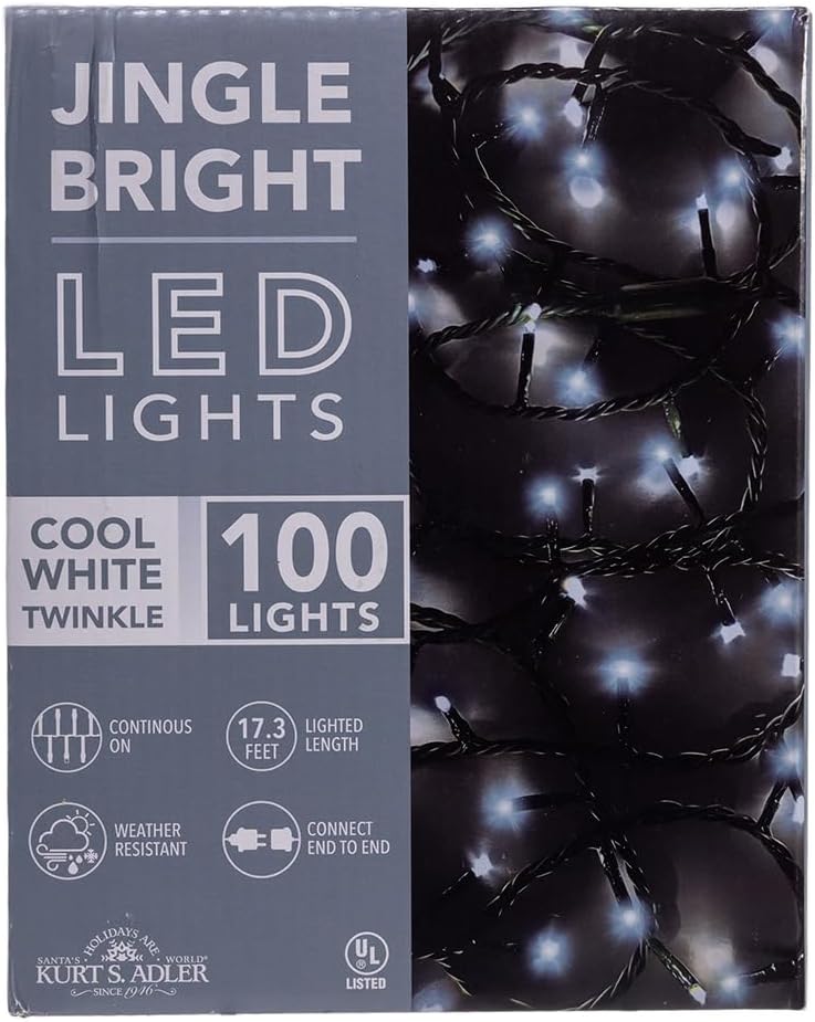 Kurt Adler 16.5-Foot UL 100-Light 3MM Cool White Twinkle LED Green Wire Jingle Bright Light Set