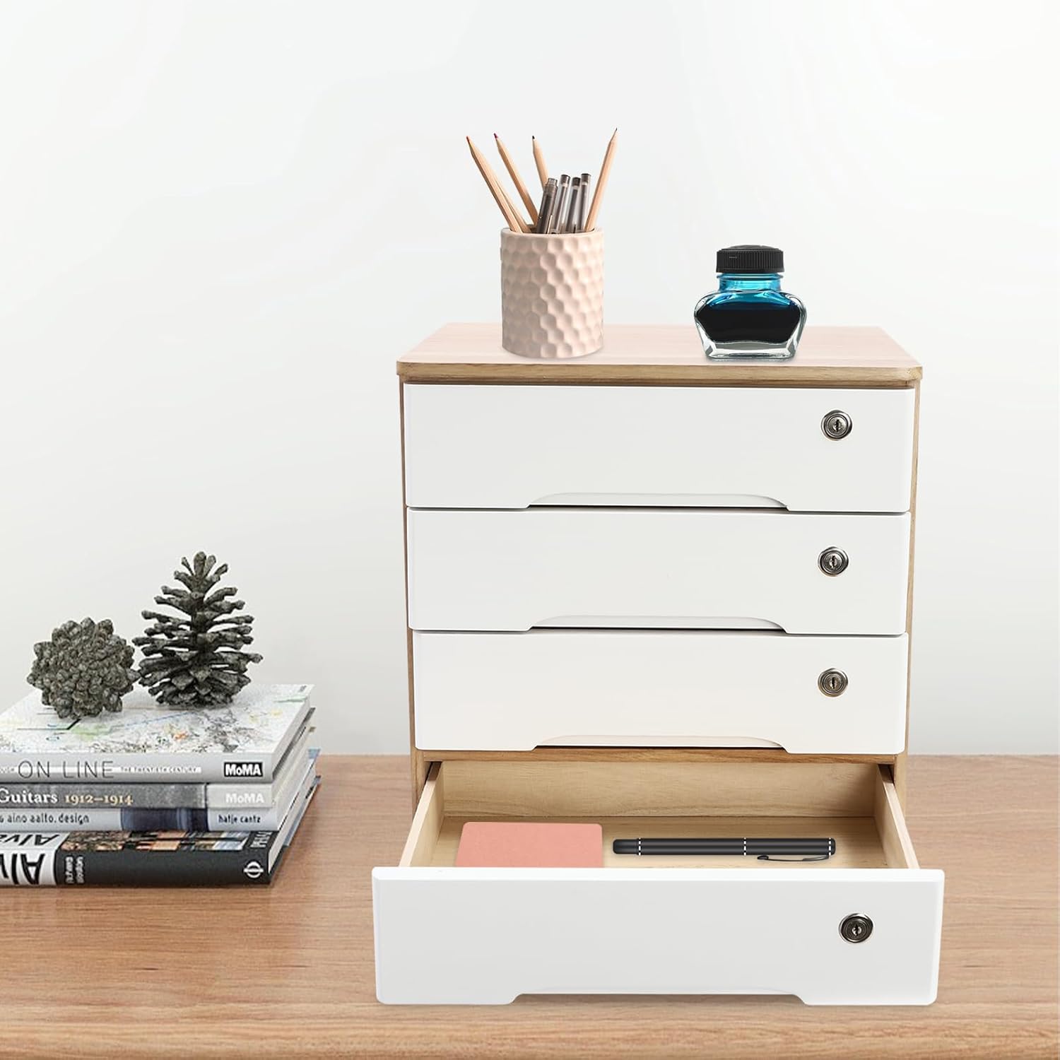 Desktop Wooden Storage Organizer, 4-Drawers Desk Storage Box With Lock, Wood Storage Shelf Rack, Night Stand Table Organizer, Stackable Wooden Tool Box for Home Office, No Assembly Required