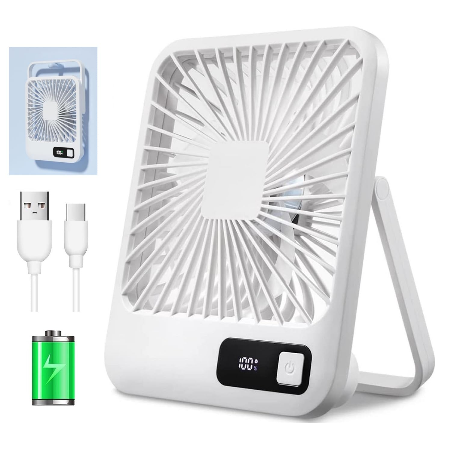 KAMISAFE Small Desk Fan Personal Fan - USB Rechargeable Battery Operated Portable Table Fan with 5 Speeds Adjustable 180° Tilt LED Display for Office Home Bedroom Outdoor Travel