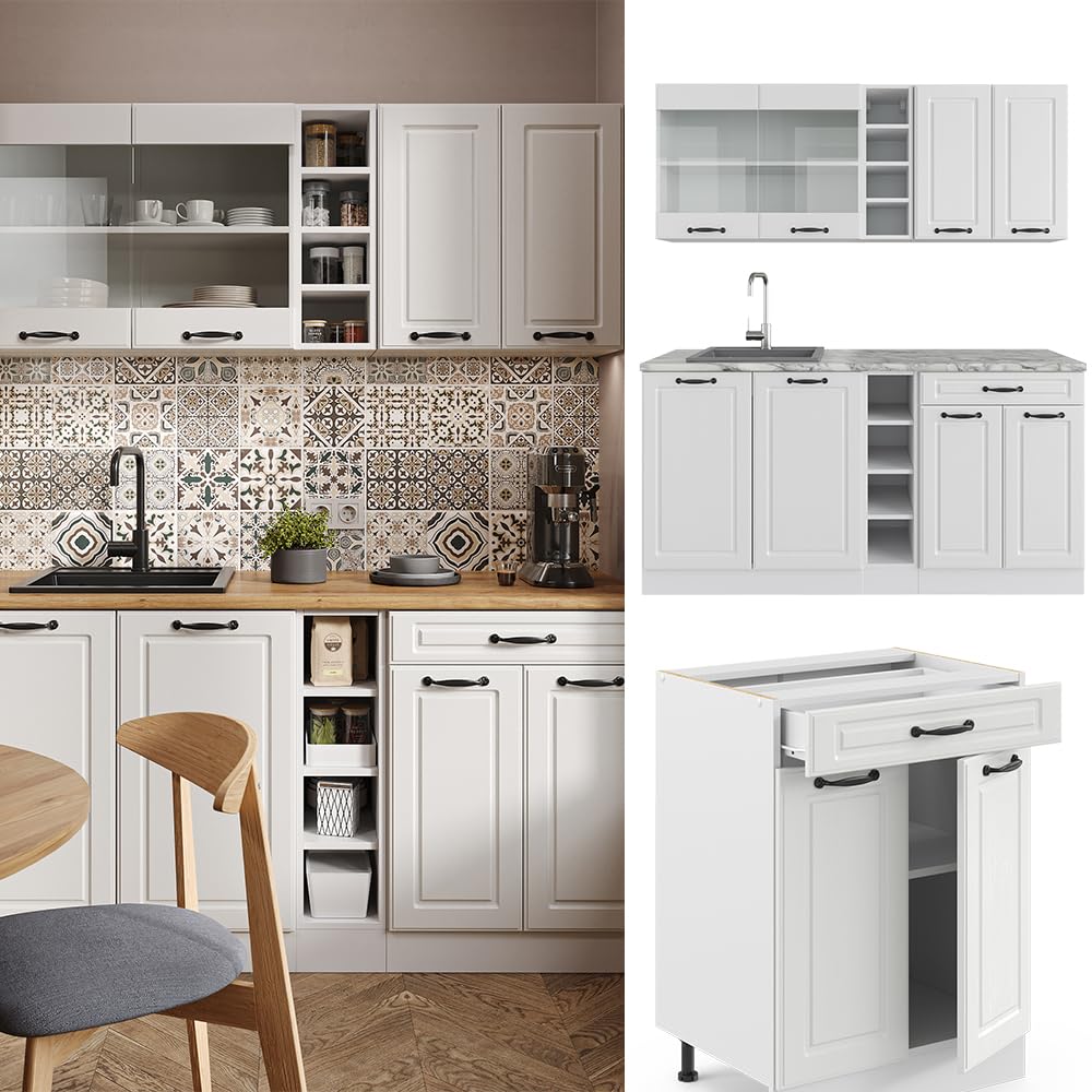 Vicco Singleküche R-Line, Weiß Landhaus/Weiß, 160 cm, AP Eiche, mit Flexibler Anordnung der Module und erweiterbar