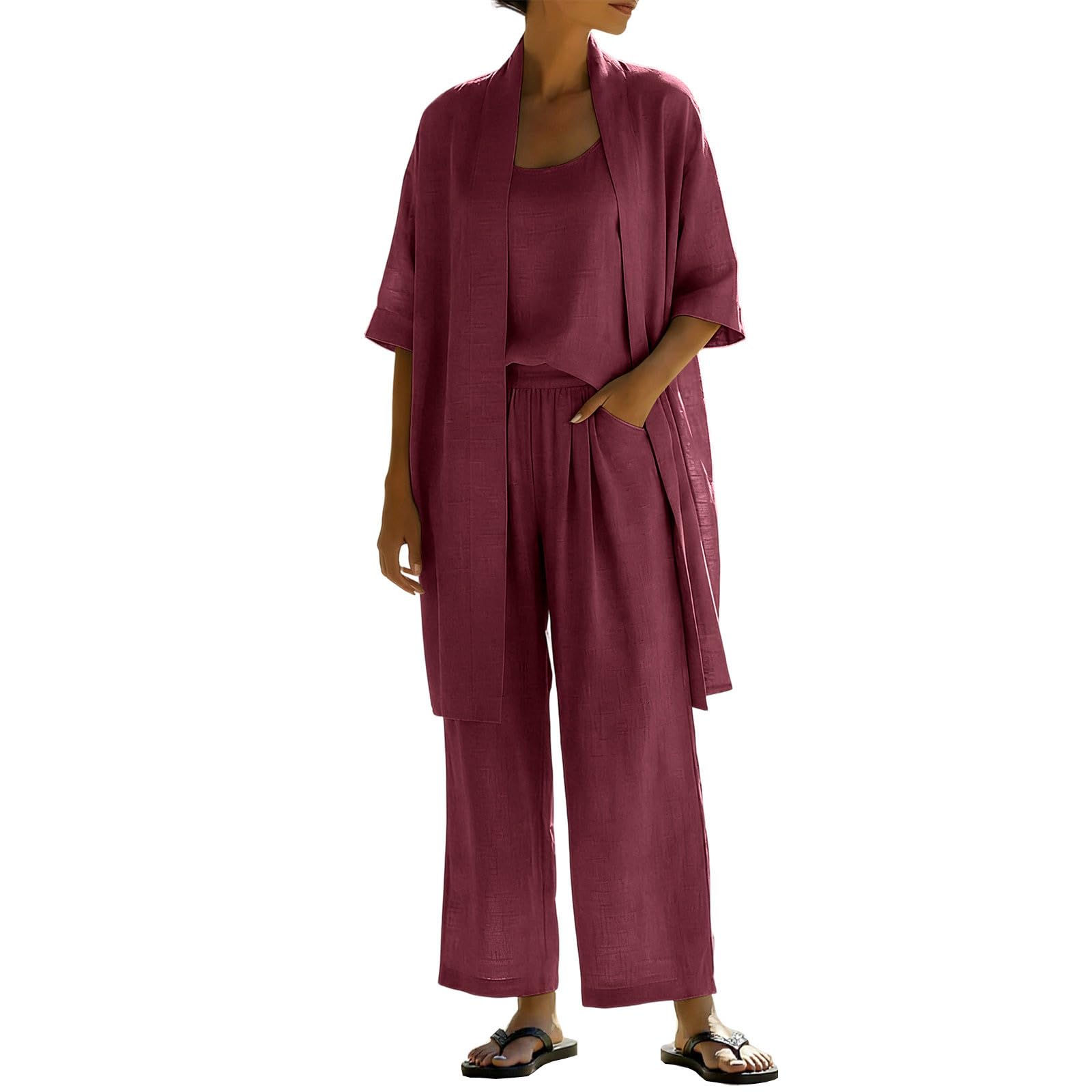 Set da 3 pezzi per il tempo libero estivo in cotone e lino, a maniche corte, cardigan aperto sul davanti, top elastico in vita, pantaloni lunghi casual larghi comodi abiti da viaggio