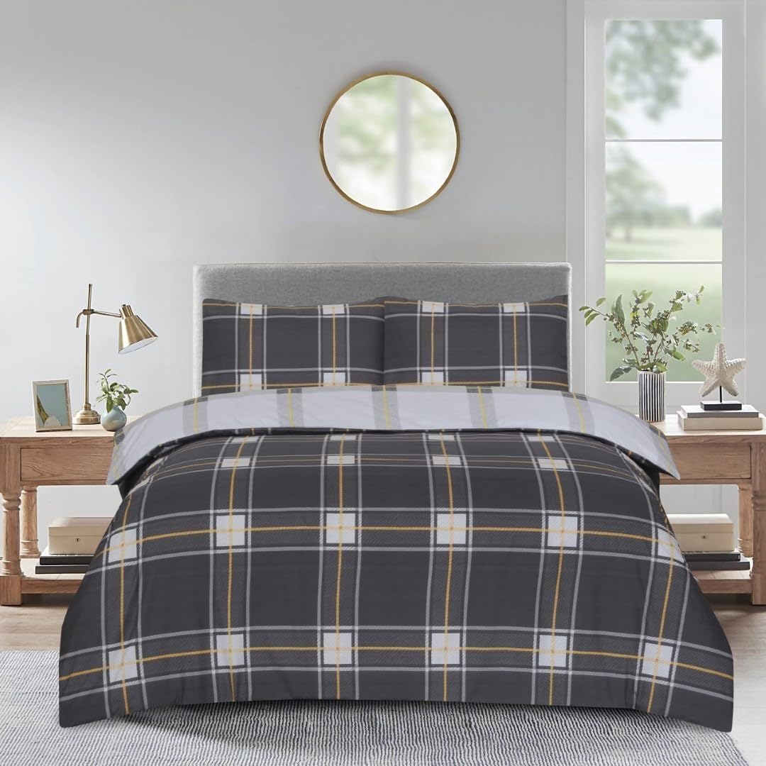 renoazul Microfiber Duvet Cover Sets Single - Single Bed Duvet Cover Set with Pillow Case & Fitted Sheet, Bedding Set Single, Soft & Easy Care - Single 3 Piece, Plaid Check Grey