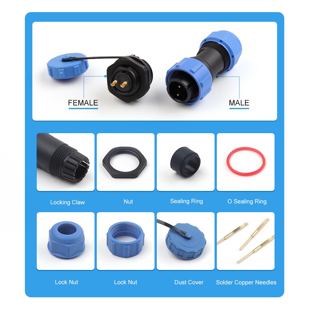 SP21 Nut/Docking Waterproof Connectors 2/3/4/5/7/9/12 Pins Panel Cable Wire IP68 Male/Female Socket(SP21 Docking,1 Set_3P)