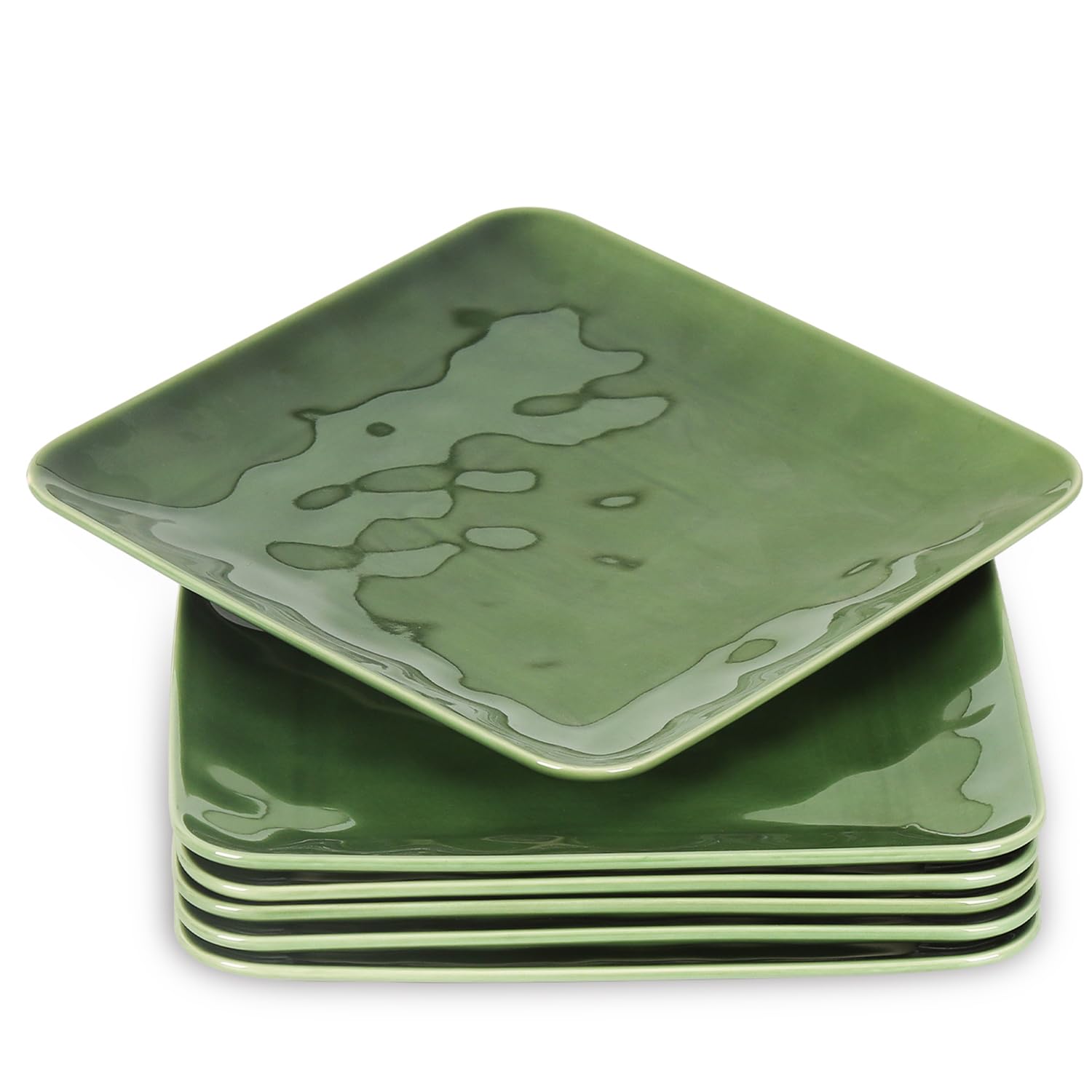 vicrays Ceramic Square Plates Set of 6 - Large Porcelain 10 inch Dinner Plates for Steak Pasta Pizza - Microwave Oven and Dishwasher Safe - Green