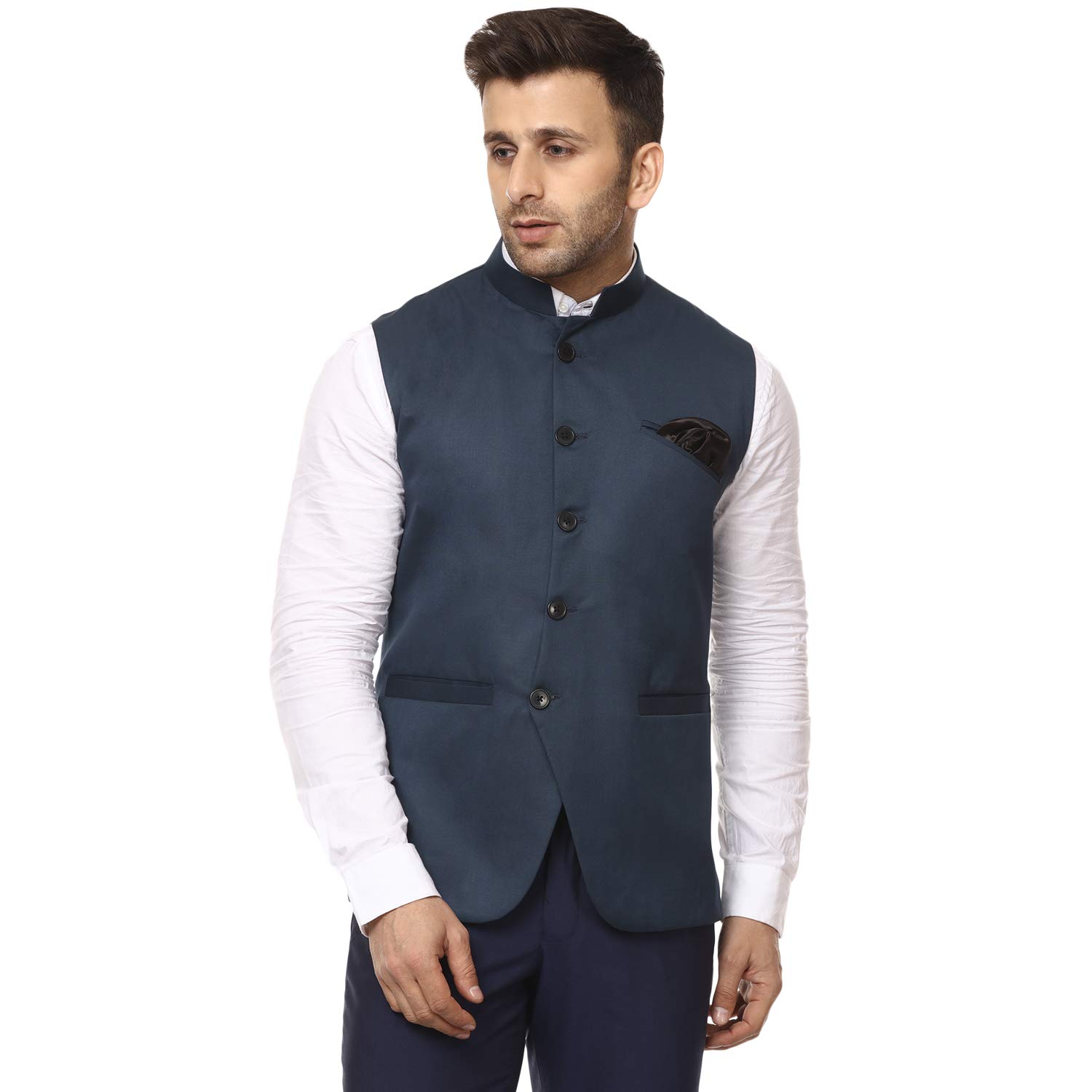 Plain Chinese Collar Sleeveless Cotton Poly Nehru Jacket-image-45