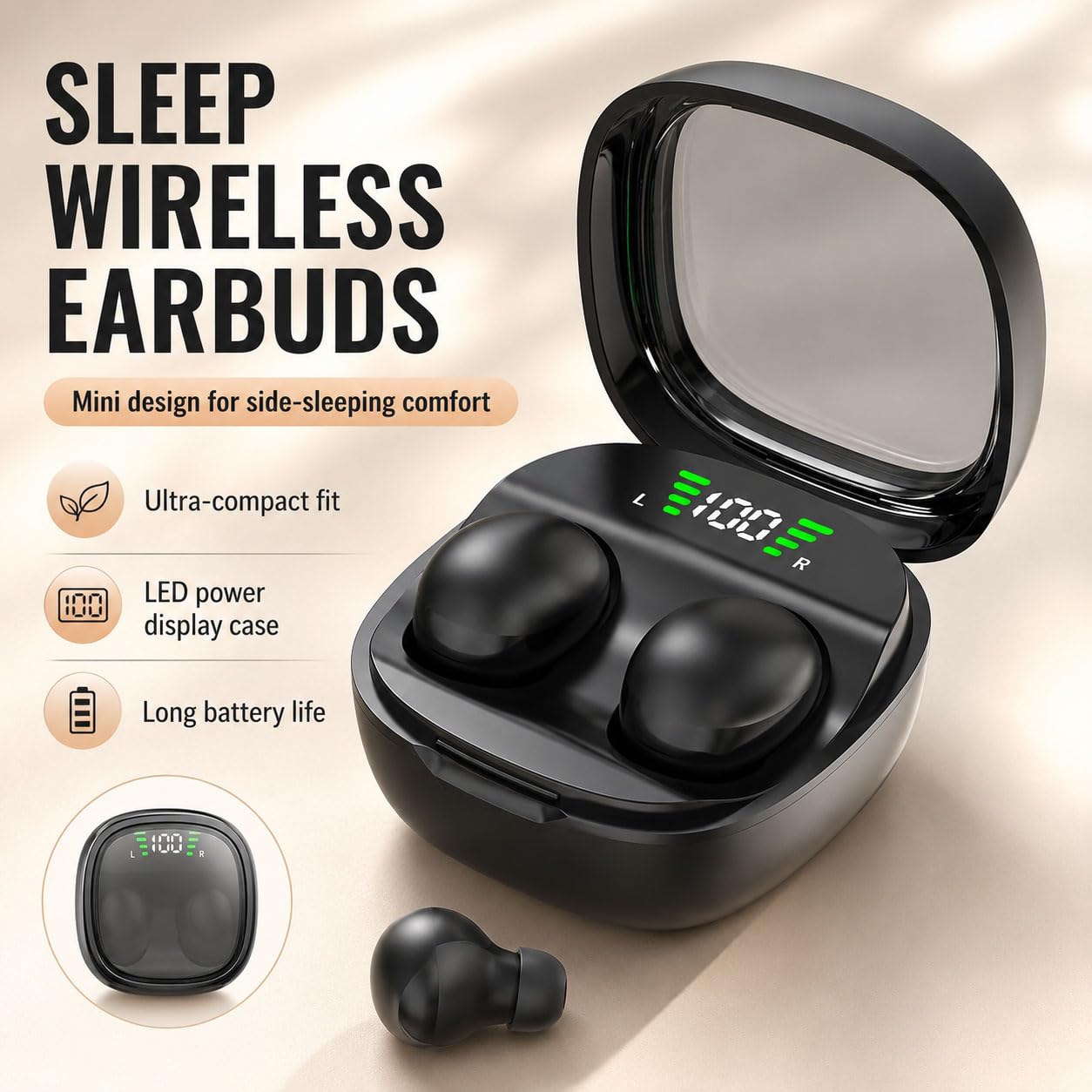 Micool Auriculares inalámbricos invisibles, impermeables, Bluetooth, ligeros, sin dolor, invisibles para dormir sensibles, batería de larga duración (negro)