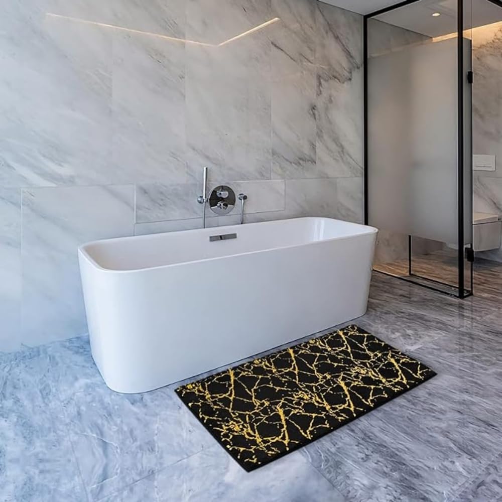 SV COLLECTIONSBathroom Door Mat- 23.6 X 15.7 Inches (60 X 40 cm) Black Marble Abstract Rug | Non-Slip, Quick Dry Door Mat for Bathroom with Anti-Skid Backing