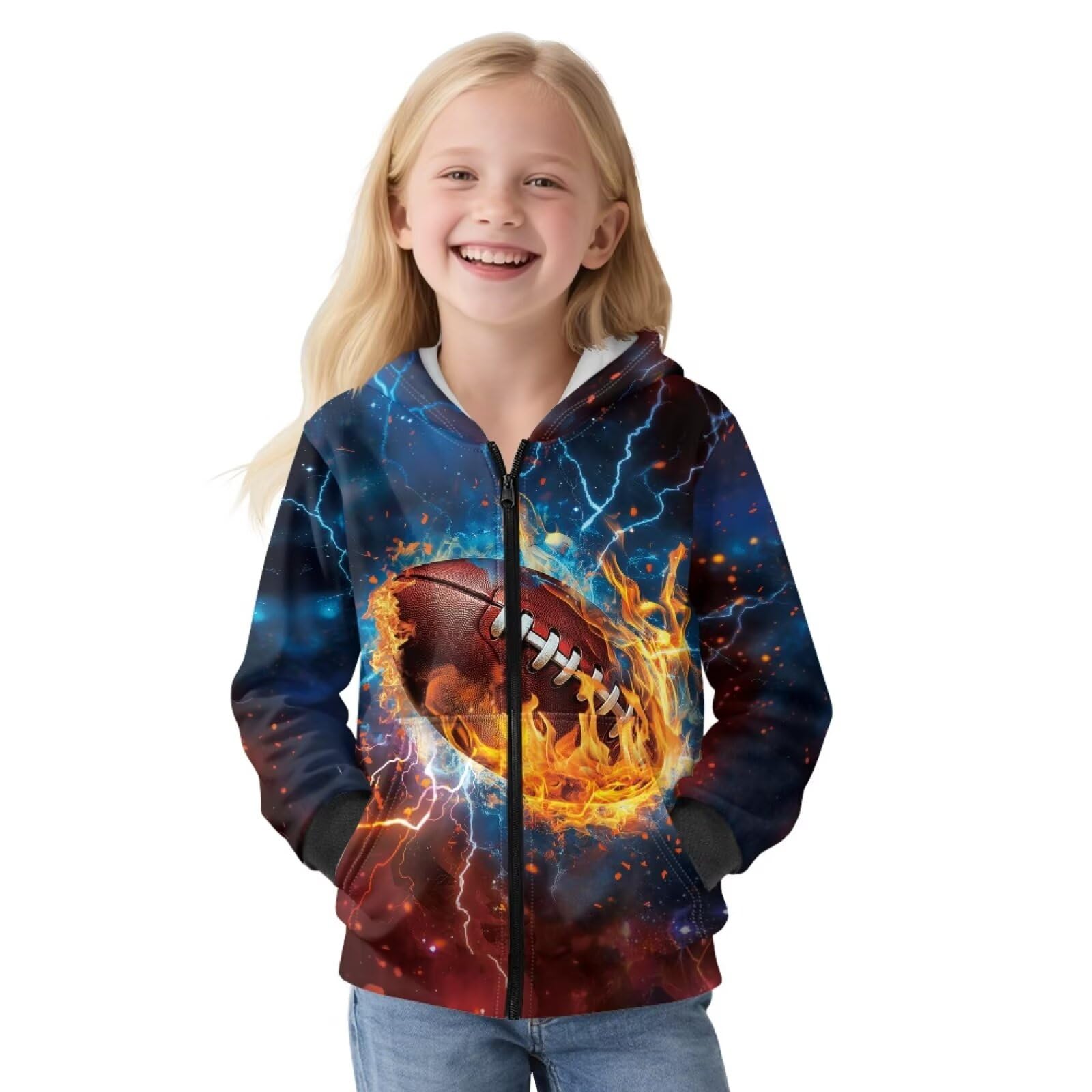 Fire Lightning Futbol amerykański nadruk zamek błyskawiczny przednie bluzy z kapturem dla dzieci bluza z długim rękawem kurtka polarowa z kieszeniami jesienny top zimowe ubrania dla chłopców