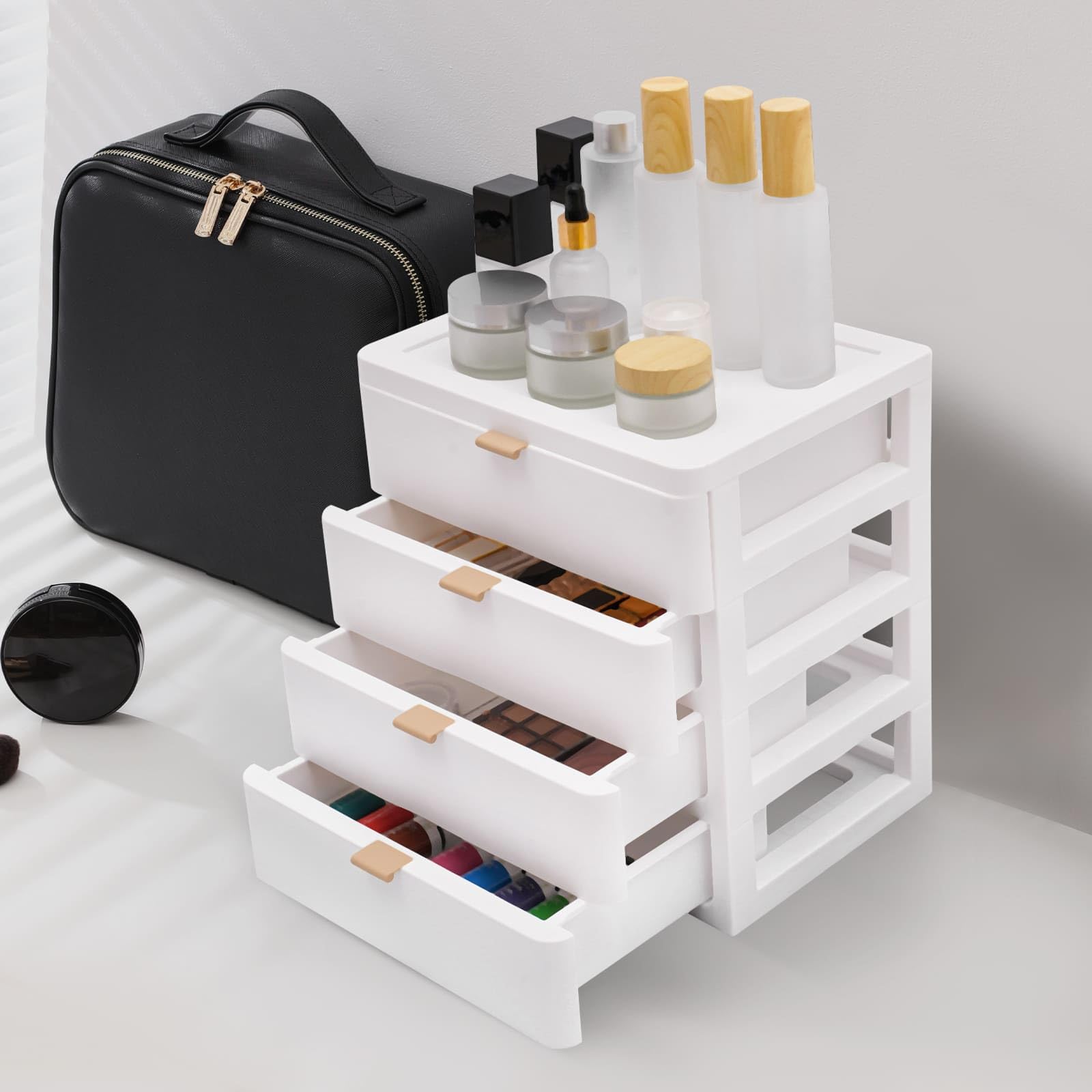 Boîte de Rangement de Bureau en Plastique, Organisateur de Bureau avec Tiroir, Gain de l'espace, Pour ranger livres, bijoux, cosmétiques, collations, articles divers, Blanc (4 tiroirs)