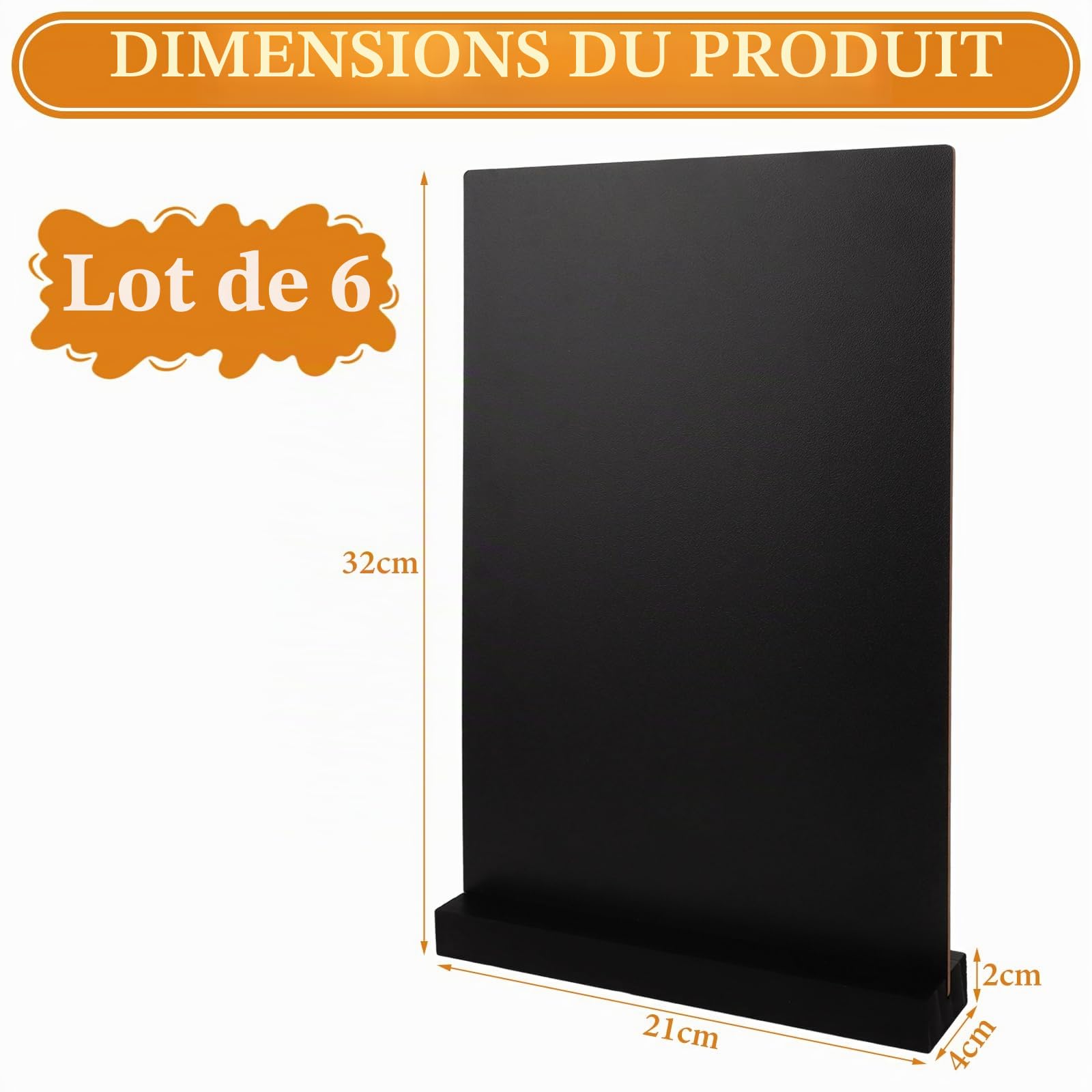 CYEER Lot de 6 ardoises A4 sur pied avec socle en bois, 32 x 21 cm, ardoise de table double face, ardoise noire amovible à écrire pour la restauration, les mariages, les buffets et les étiquettes de