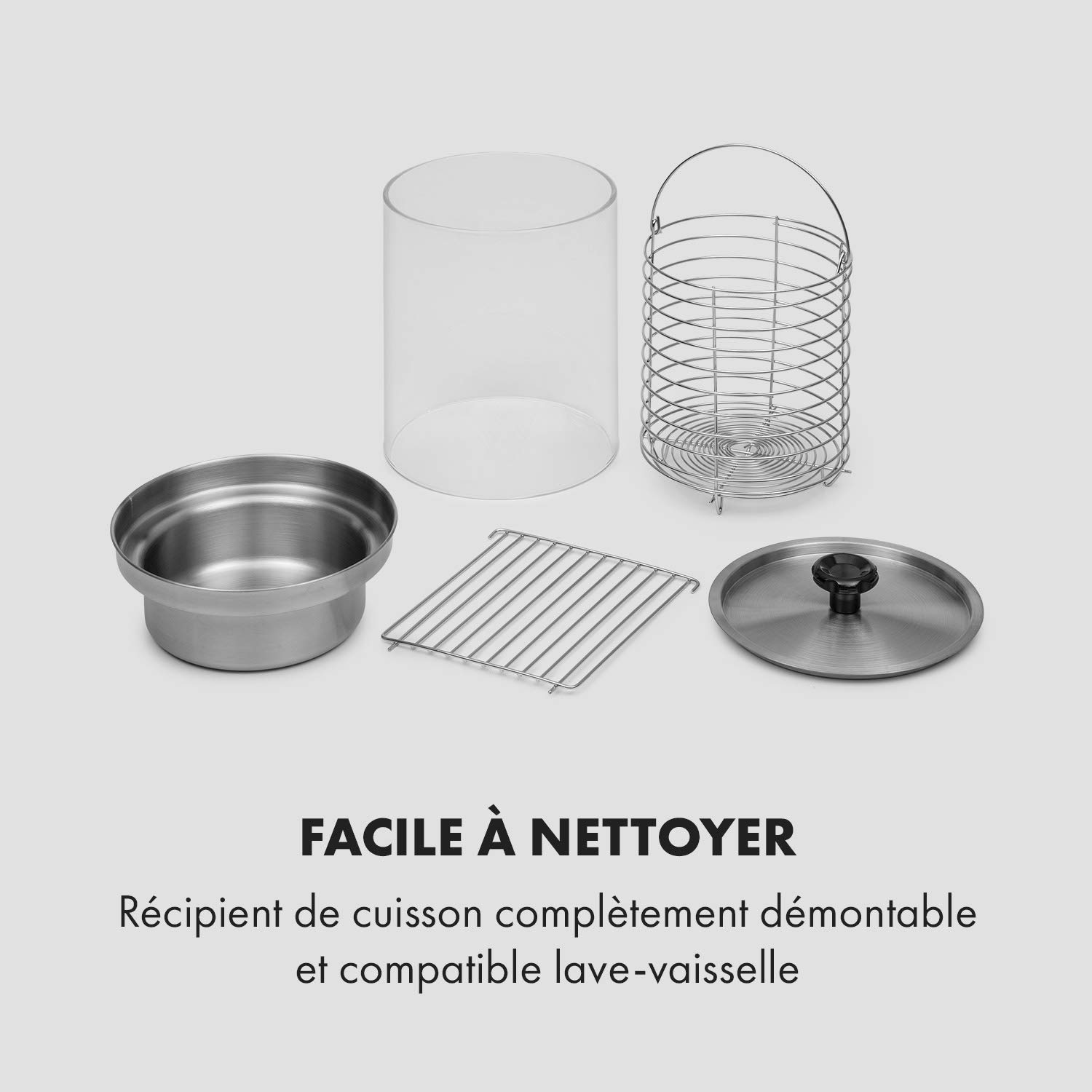 Klarstein Pro Wurstfabrik 450 Hot Dog Maker professionnel : 450W, 30-100 °C, cylindre en verre: Ø 20 cm, cage en inox: Ø 17 cm / 5 litres, acier inoxydable, réservoir à eau : 1,1 litre, argent