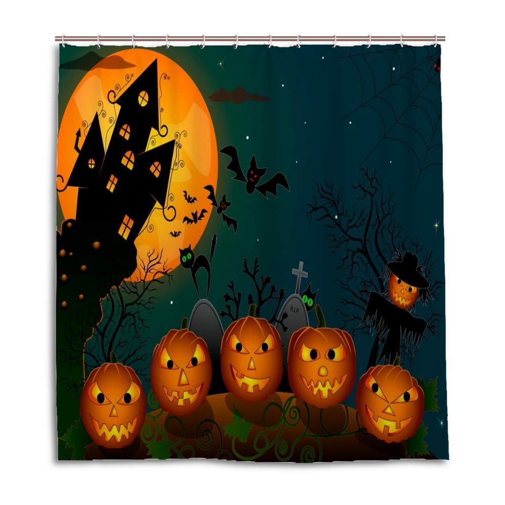Rideau de douche polyester Halloween lavable avec 12 crochets de salle de bain