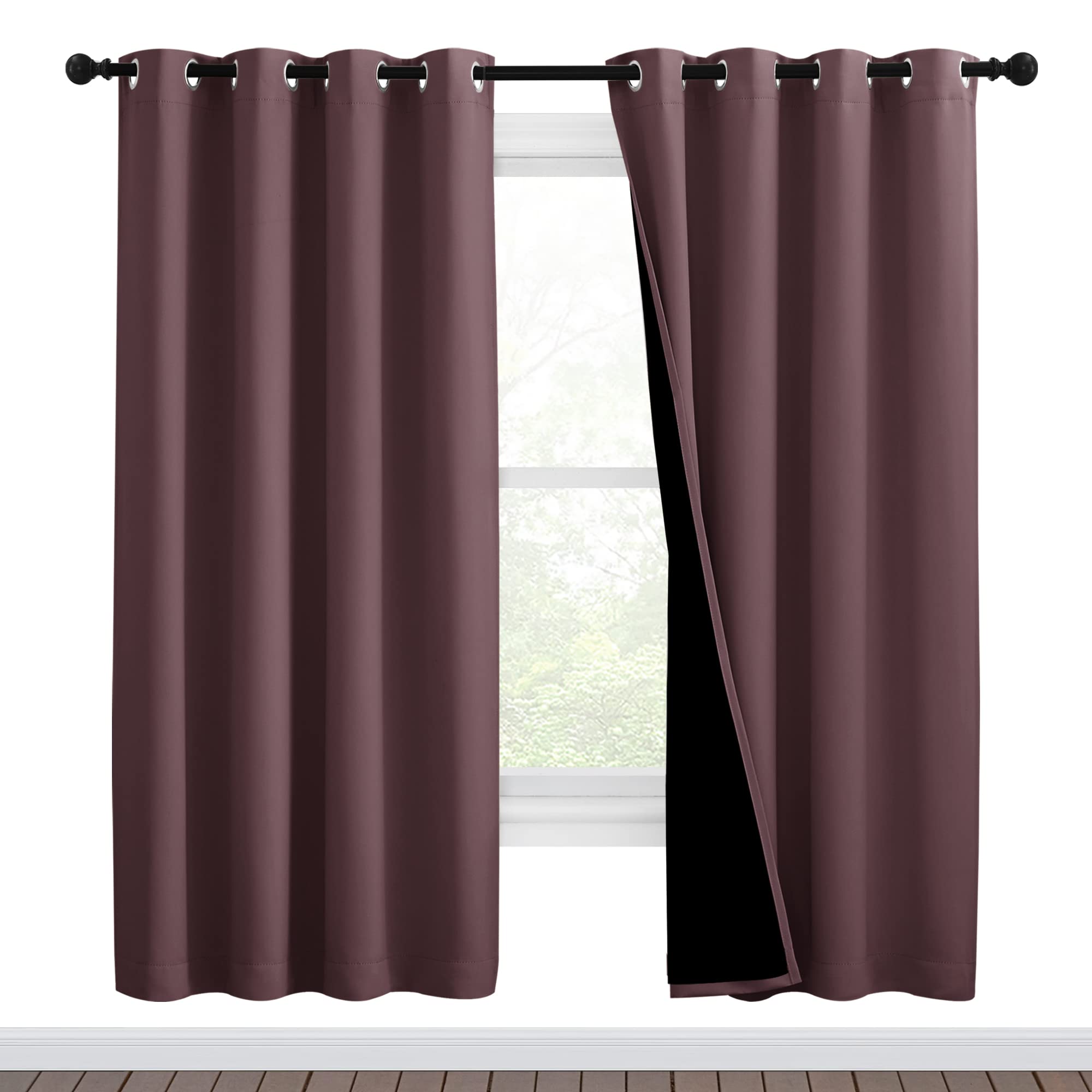 NICETOWN Living Room Completely Shaded Draperies, Privacy Protection &amp; Noise Reducing Ring Top Drapes, Black Lined Insulated Window Treatment Curtain Panels (Dry Rose, 2 Pieces, W46 x L72)