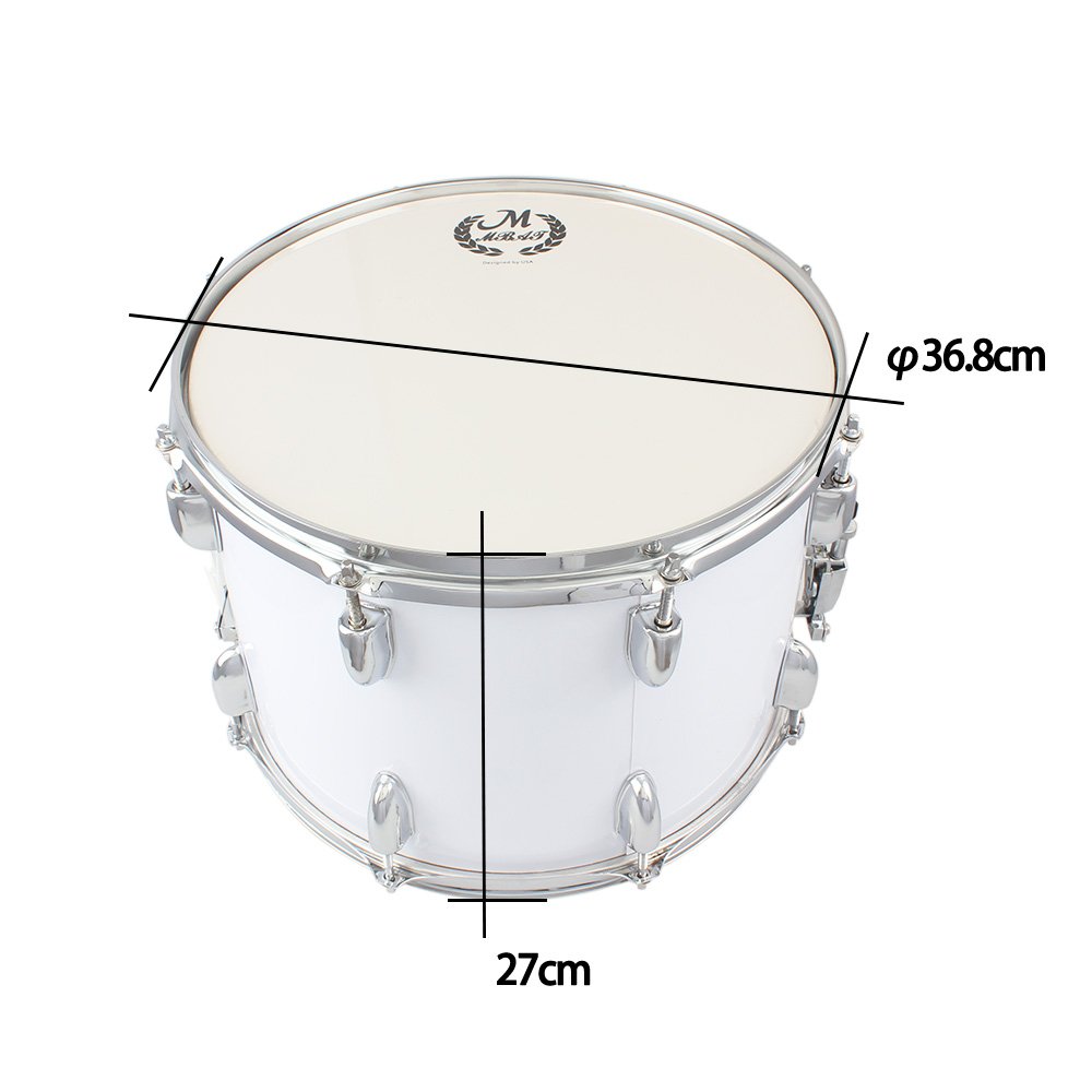 Rullante da marcia, in legno d'acero, bianco, 35,6 cm, professionale, suono chiaro, con chiave per batteria, 2 bacchette, tracolla regolabile