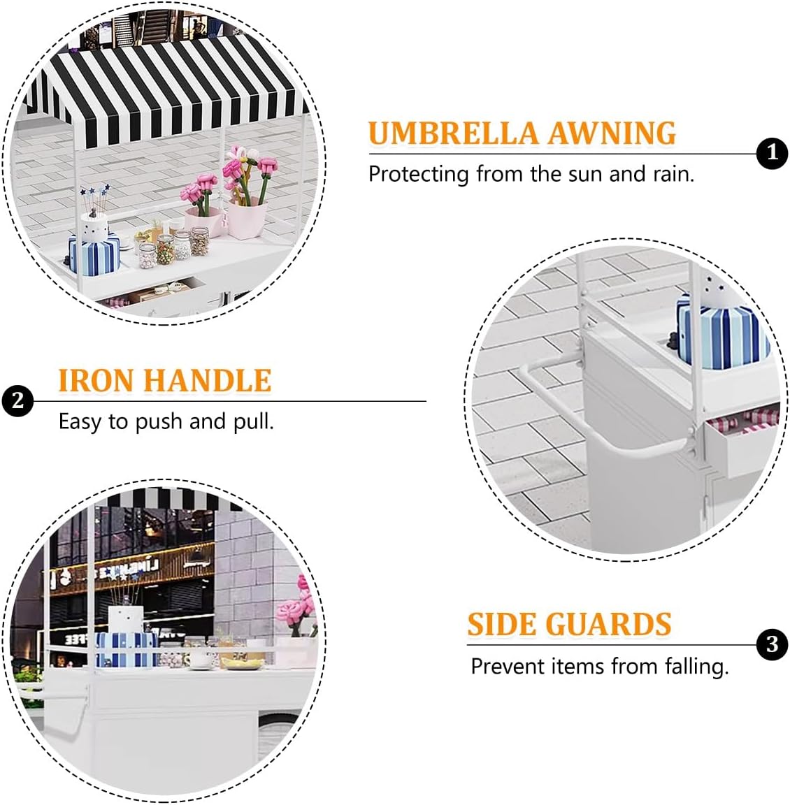 Portable Food Cart with Striped Canopy Wheels, Mobile Food Stand with Wheels, Iron Outdoor Vendor Cart with Storage Drawers, Easy to Assemble for Markets, Fairs, Events(White)