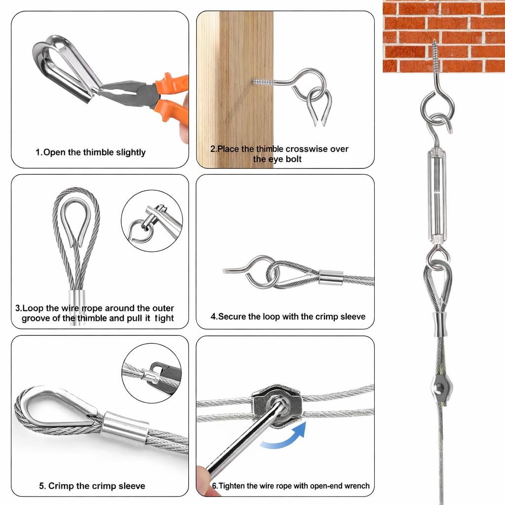 Cieex Kit Câble Acier 3mm 36m – Corde Acier Gainé PVC + Tendeurs – Fil de Fer pour Corde à Linge Extérieur, Fixation Voile d’Ombrage, Plantes Grimpantes, Clôture – Résiste à la Rouille