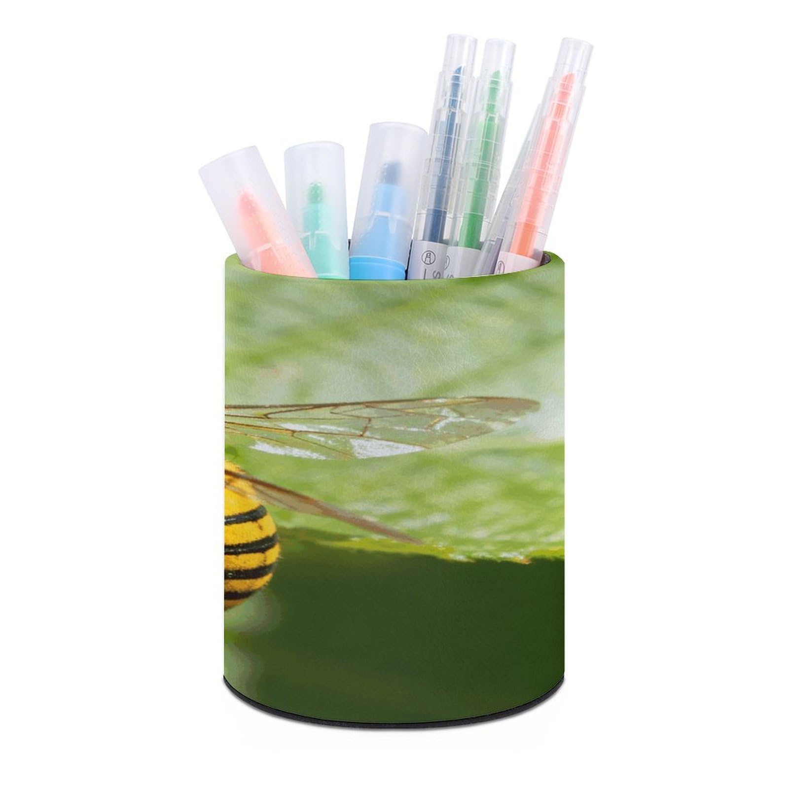 VstaDank - Yellow Bee Round Pen Holder Pencil Holder PU Leather Desk Organizer Brush Decoration Office Desk Home (3.1 x 3.9