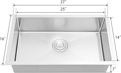 Miniatura 5 de MILOSEN Fregadero de cocina de montaje inferior, fregadero de cocina de acero inoxidable de 27 x 16 pulgadas, fregadero de cocina de un solo tazón,