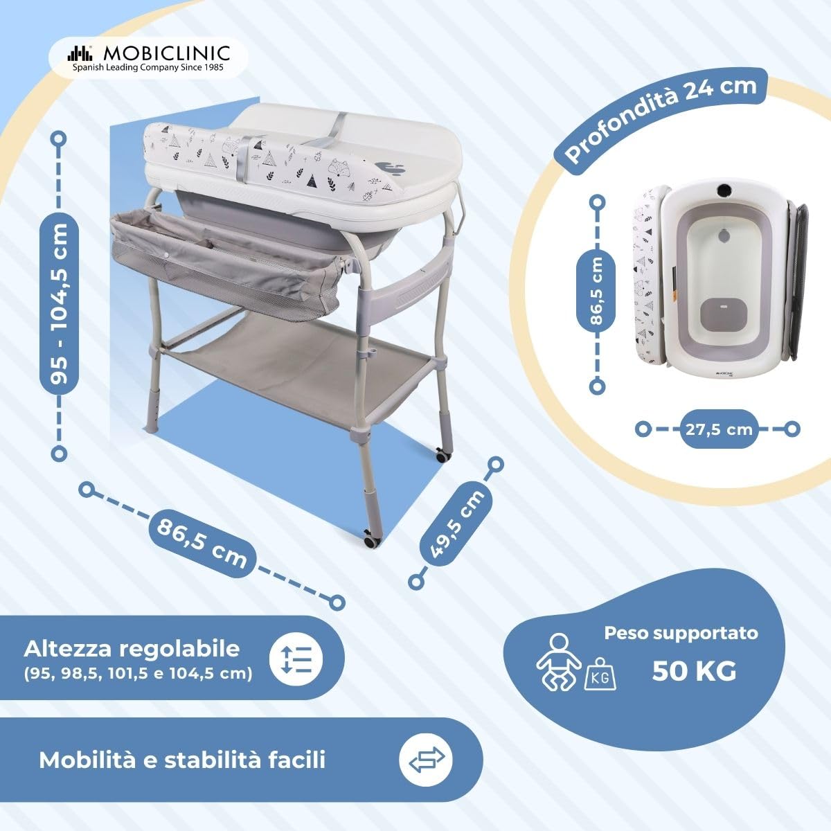 Mobiclinic® kids, Fasciatoio con vaschetta bagnetto 2 in 1, Trendy, Regolabile 4 altezze, Termometro, Ruote freno, Cestini portaoggetti, Fino a 50 kg, Tubo di drenaggio, 0-36 mesi