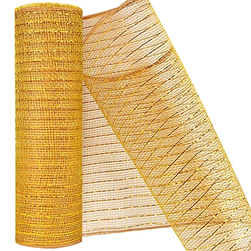 MIKIMIQI Deco Mesh 10 Inch x 30 Feet Deco Poly Mesh Ribbon with Metallic Foil Deco Mesh Wreath Supplies Ribbon Mesh Roll for Spring Wreaths, Swags, Craft, Party Decoration (Gold)
