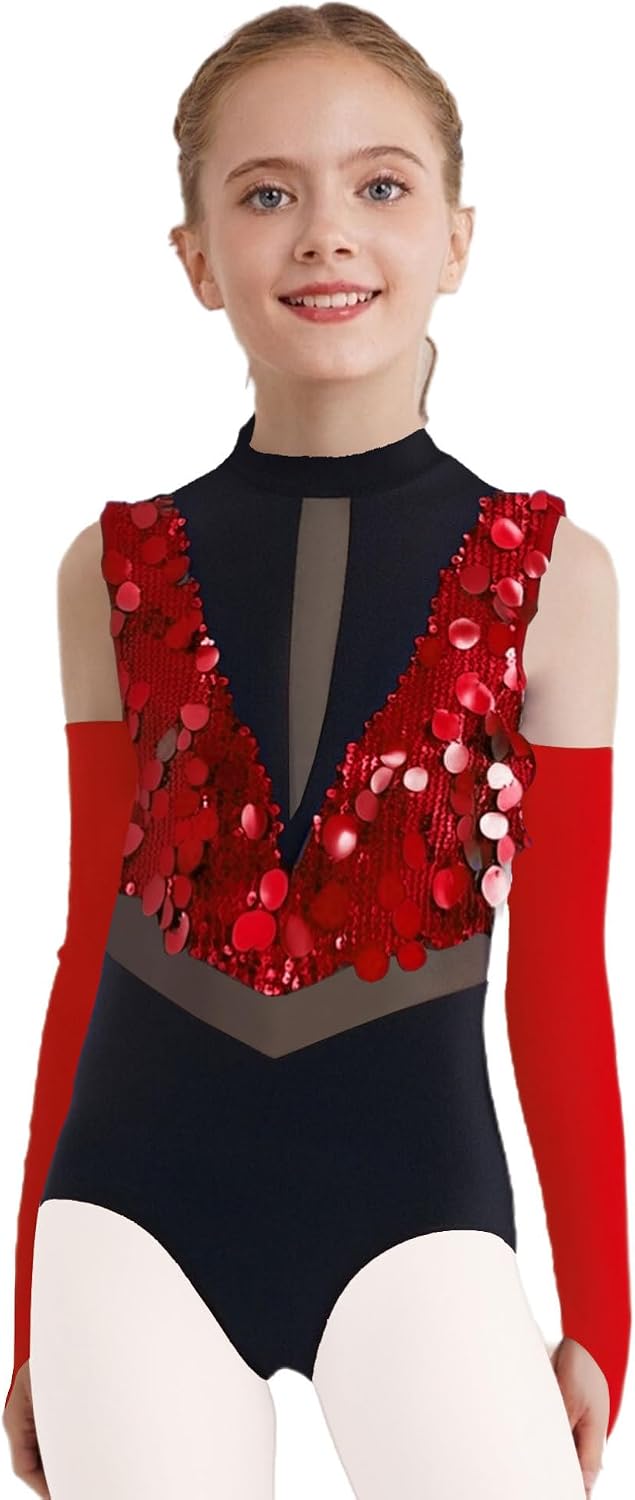 Agoky Kids Girls Sequin Jazz Dance Outfit Shiny Gymnastics Leotard Sleeveless Ballet Bodysuit Unitard with Gloves