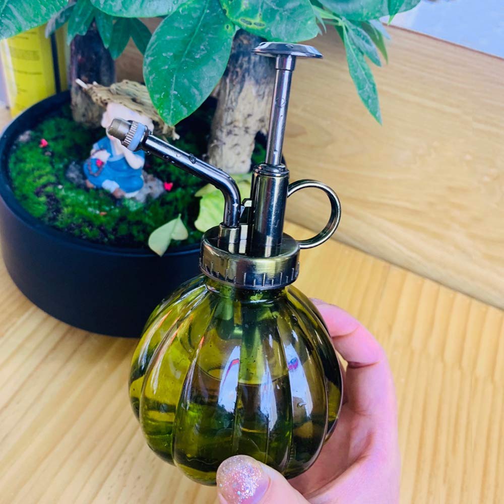 Weiquanji Glass Watering Can,Vintage Style Spritzer with Bronze Plastic Top Pump One Hand Watering Can Glass Spray Bottle Plant Mister (Green)