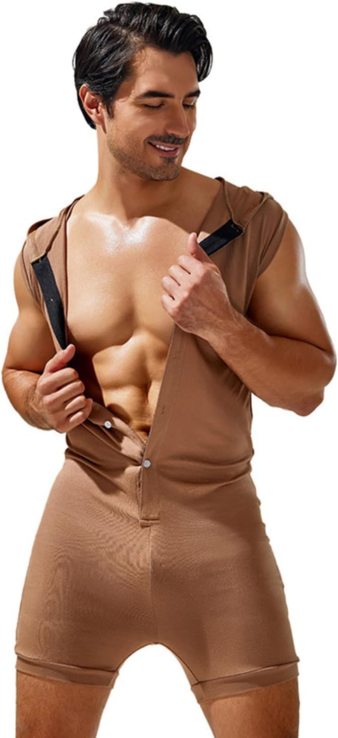 Mens Onesie Pajamas Henley Jumpsuit Adult Underwear Stretchy Silk Romper Pajamas Sexy Lounge One Piece Pajamas - Image 2