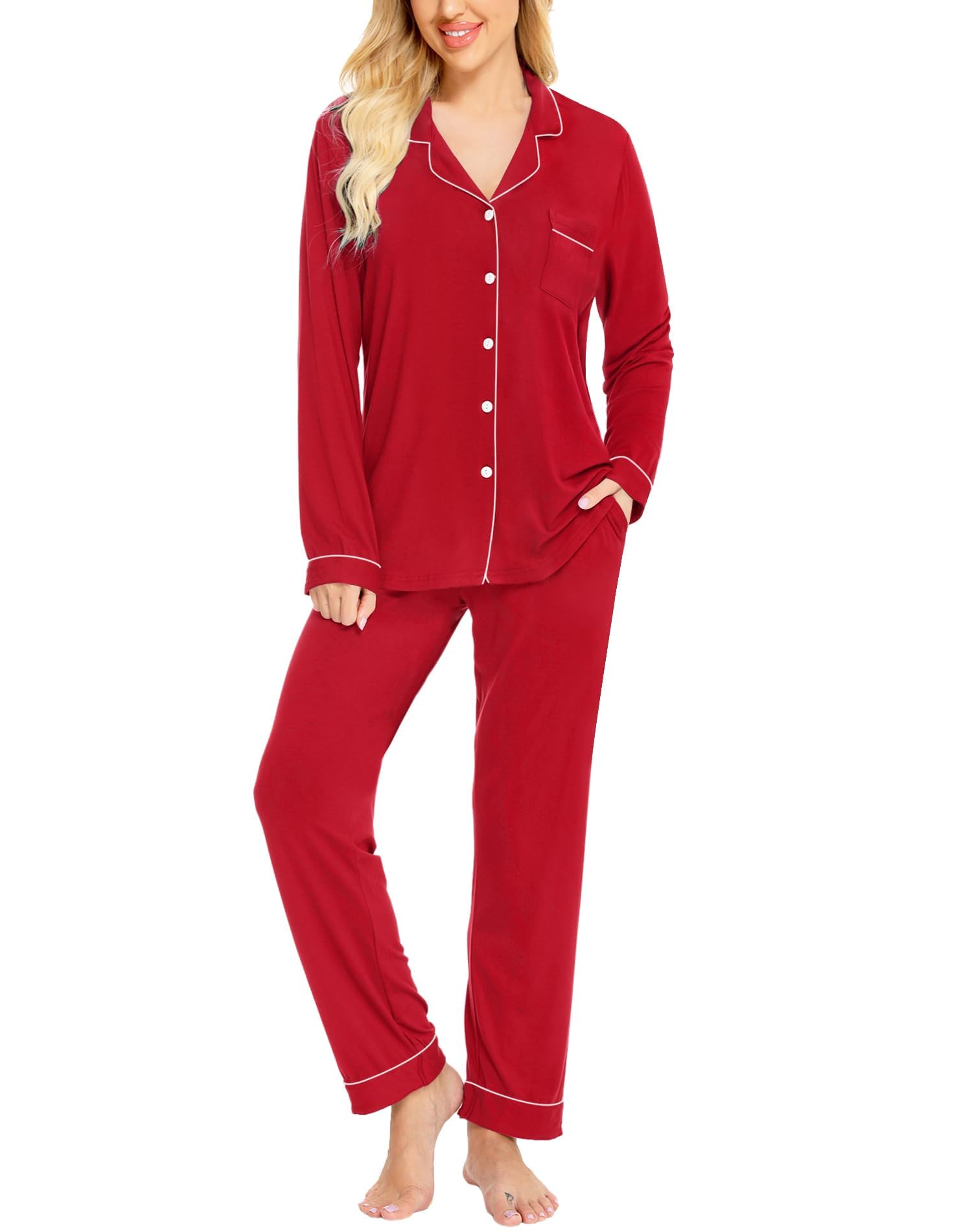 SWOMOG Womens Pajamas Set Long Sleeve Sleepwear Button Down Nightwear Soft Pj Lounge Sets