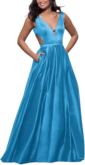 JASY Satin Long Navy Blue V-Neck Prom 