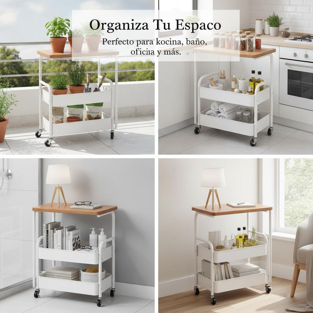 Carrito Rodante Niveles Auxiliar, Ruedas para fácil Movilidad, Estilo Lujo Ligero, construcción Robusta, Frenos para, Blanco y Nogal Oscuro, Carro de Almacenamiento móvil de 3 Niveles