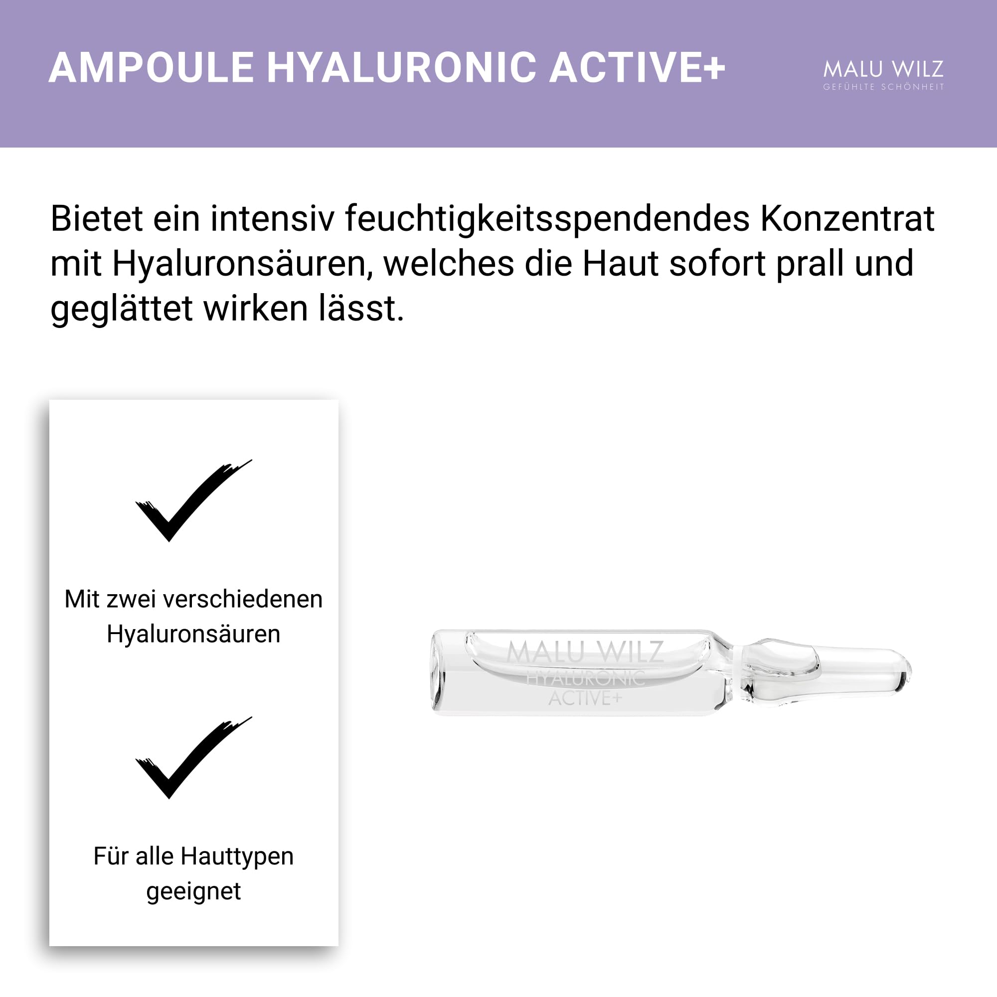 Malu Wilz Ampoule Hyaluronic Active+ 15 x 2ml I Hyaluron Ampullen Gesicht I Intensiv feuchtigkeitsspendendes Konzentrat I Für straffe, jugendliche Haut