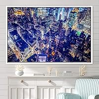 Framed Canvas Wall Art City Illuminations Aerial Cityscape Contemporary Multicolor Photography Places Realism Ultra Urban - 16x24 inches