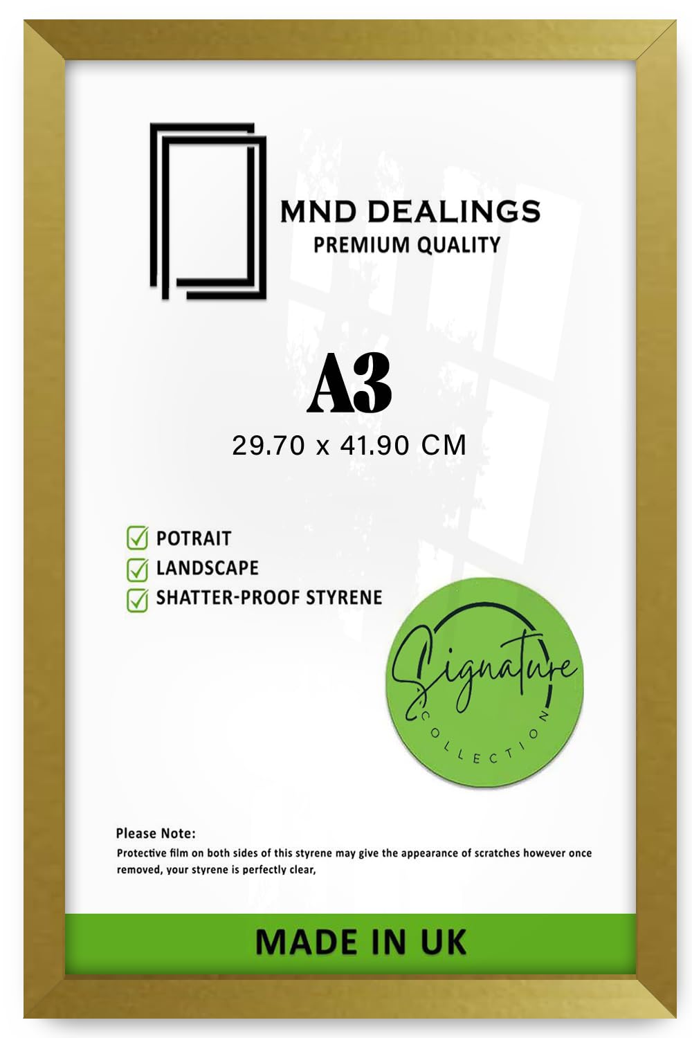 MND Dealings | MDF Picture Frame A3 (29.70 x 41.90 CM) Ideal for Art, Posters & Certificates, Wall Gallery & Home Décor, 11 Ready to Hang for Instant Display [ Gold ]