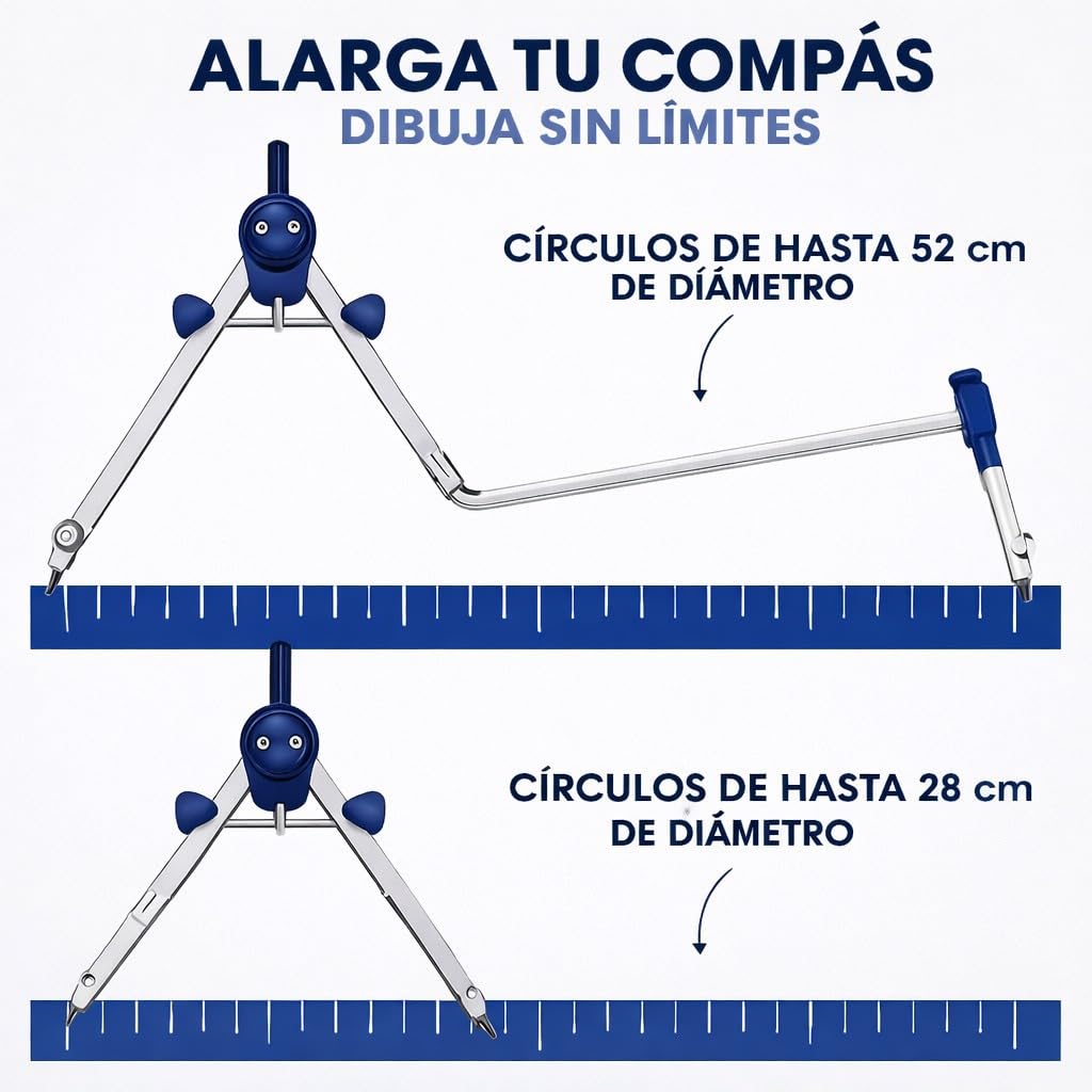 Compas Dibujo Tecnico Profesional - Compás Escolar de Precision con Rueda de Ajuste Bachillerato y Secundaria - Compasso Escolar Dibujo Tecnico de Metal - Compas Grande Dibujo Técnico y Plastica Azul