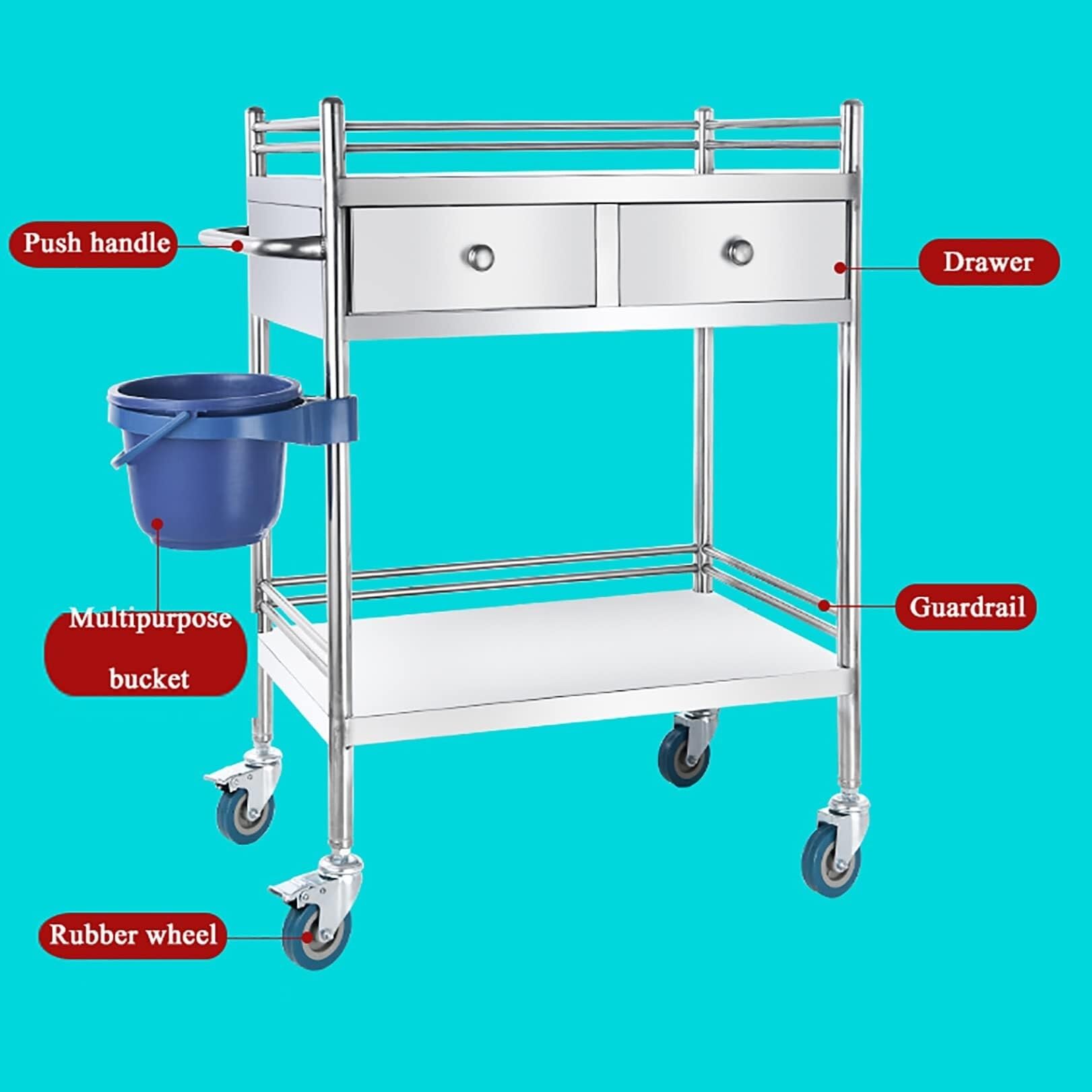 Carrello da laboratorio in acciaio inox con 2 cassetti, a due piani, carico massimo 80 kg, per attrezzature e strumenti