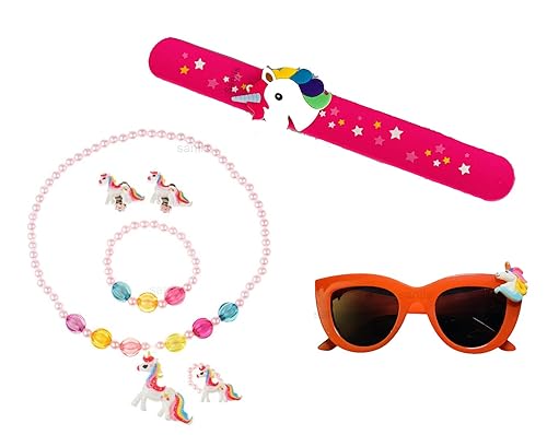 Sanjis Enterprise combo of 3: unicorn kid?s jewellery set |unicorn sunglass| unicorn slap band birthday Return Gift for Kids(Random color)