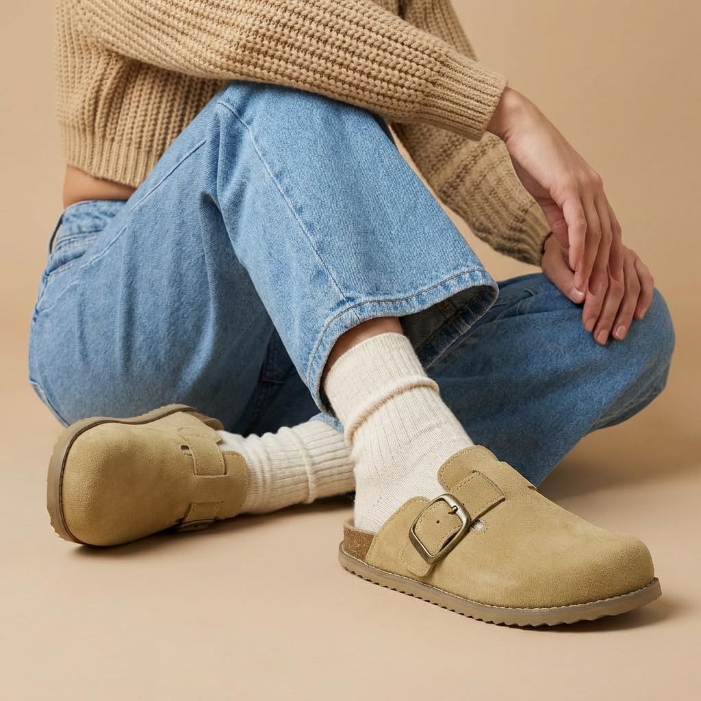 CUSHIONAIRE Women's Blain Genuine Suede Slip-On Clogs with + Memory Foam & Chic Buckle Mule - Comfortable, Non-Slip, Wide Widths Available - Image 4