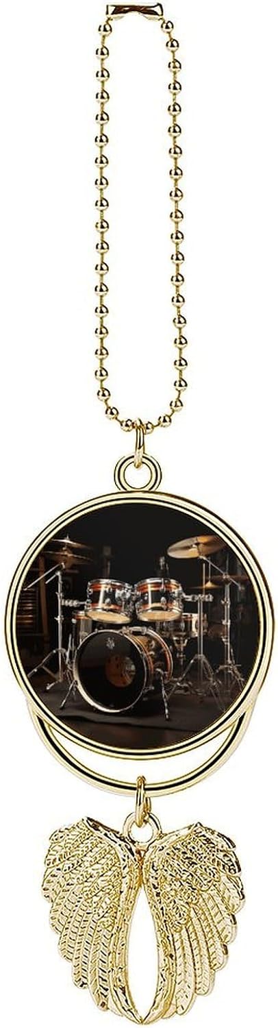 Personalized Drum Set Car Hanging Ornaments Metal Double Side Rearview Mirror Angel Wing Pendants Memorial Sympathy Photo Hanging Charm Gift for Men Women Golden