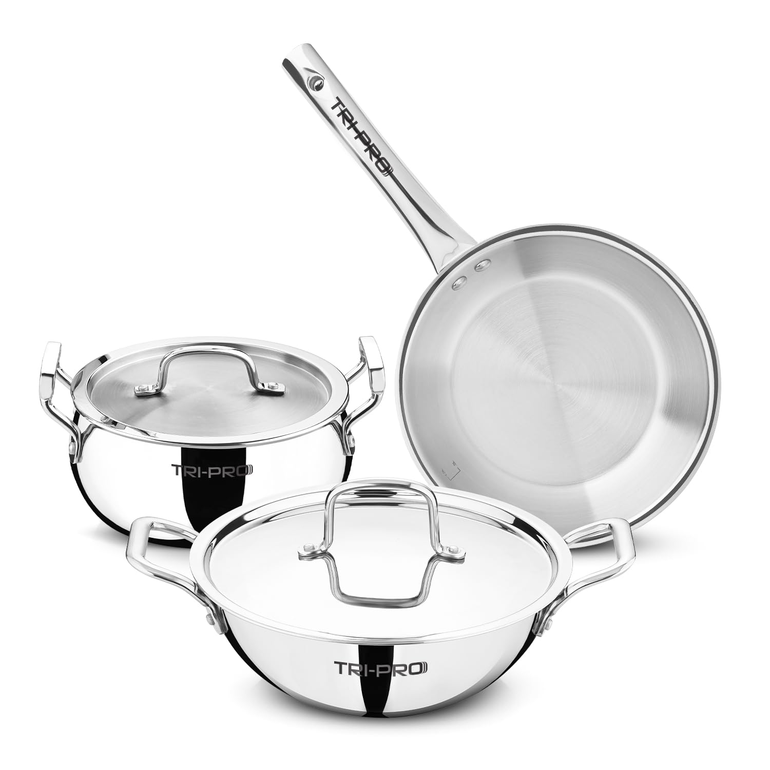 Tripro Triply Cookware Set 5 Pcs - 18cm (2.3L) Belly Shape Casserole/Biryani Handi with Lid, Kadai 22cm/2.3L and Frypan 22cm/1 L with a Common Lid, Healthy Cooking - Induction and Gas Stove Ready